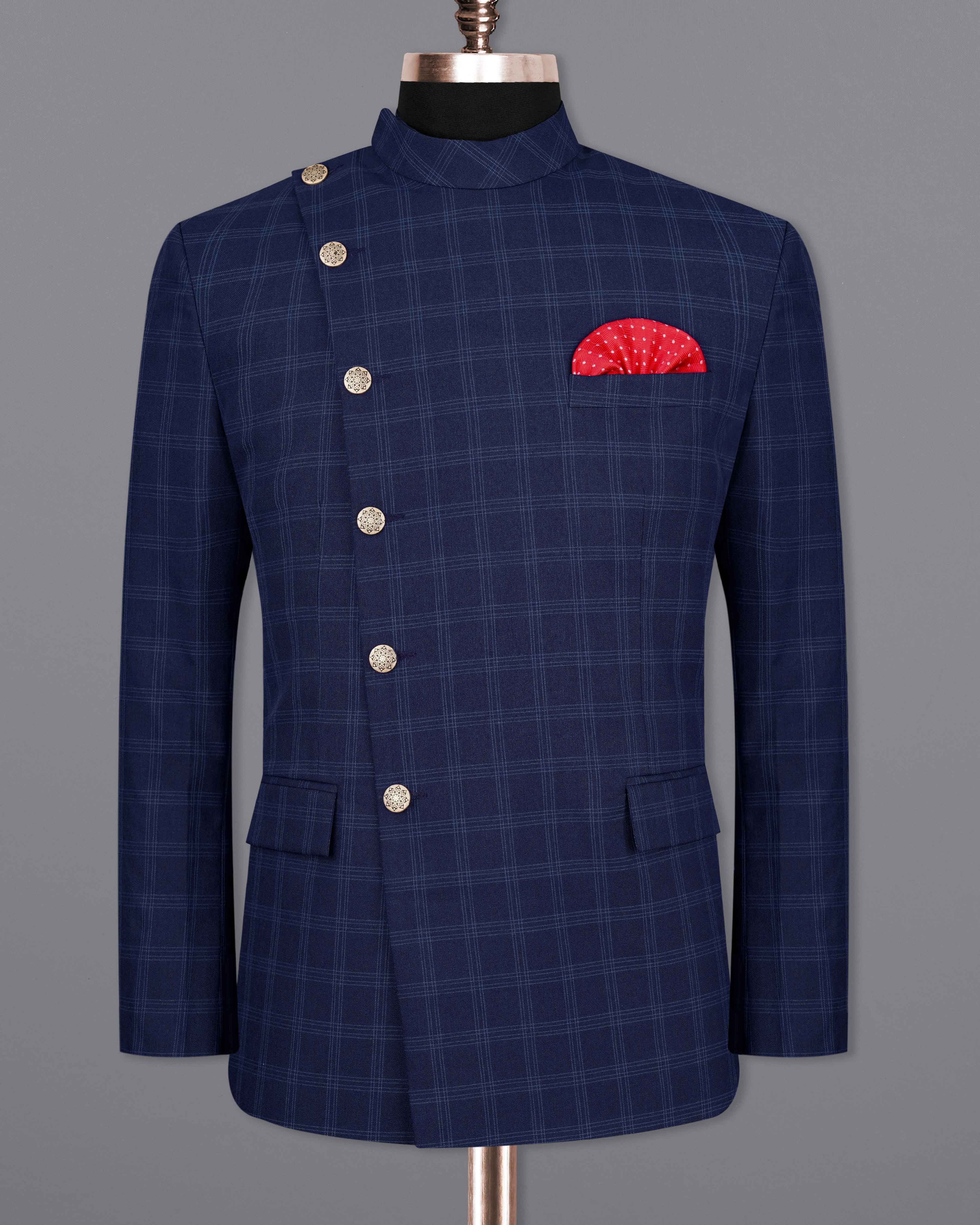 Baltic Sea Blue Windowpane Cross Buttoned Bandhgala Blazer BL2072-CBG2-36, BL2072-CBG2-38, BL2072-CBG2-40, BL2072-CBG2-42, BL2072-CBG2-44, BL2072-CBG2-46, BL2072-CBG2-48, BL2072-CBG2-50, BL2072-CBG2-52, BL2072-CBG2-54, BL2072-CBG2-56, BL2072-CBG2-58, BL2072-CBG2-60