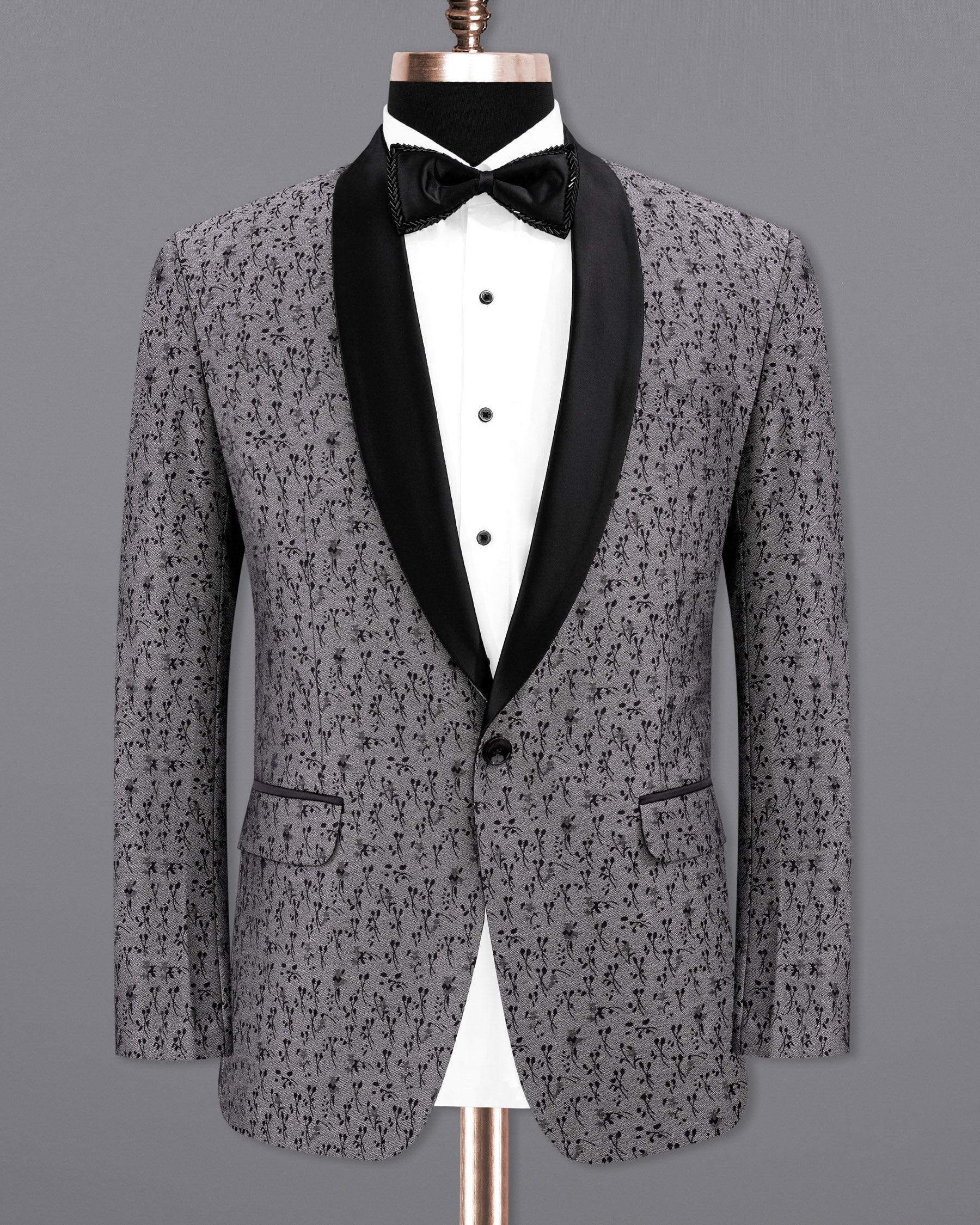 Flint Silver Ditzy Textured With Jade Black Lapel Tuxedo Blazer BL2102-BKL-36, BL2102-BKL-38, BL2102-BKL-40, BL2102-BKL-42, BL2102-BKL-44, BL2102-BKL-46, BL2102-BKL-48, BL2102-BKL-50, BL2102-BKL-52, BL2102-BKL-54, BL2102-BKL-56, BL2102-BKL-58, BL2102-BKL-60