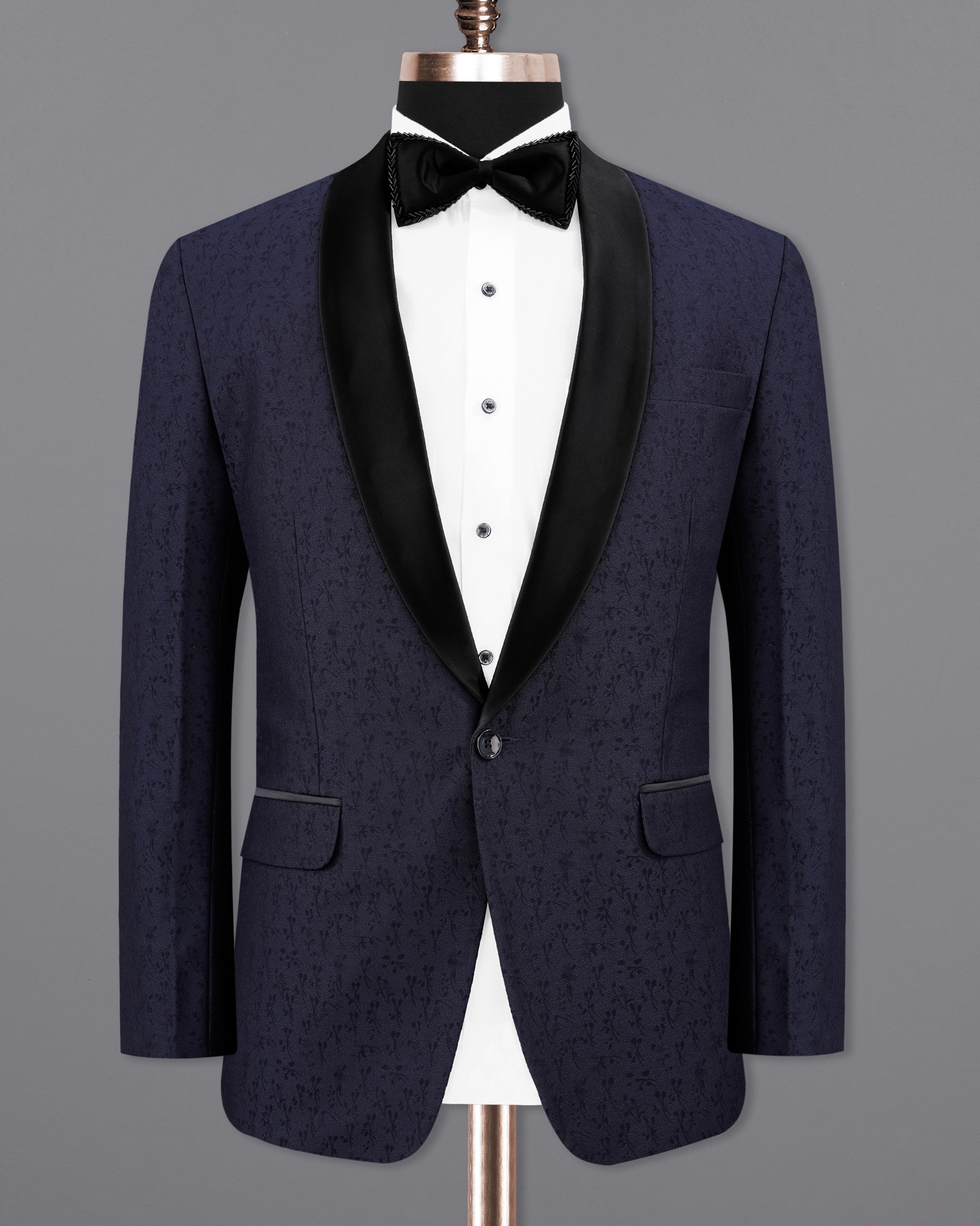 Bleached Cedar Navy Blue Ditzy Textured With Black Lapel Tuxedo Blazer BL2104-BKL-36, BL2104-BKL-38, BL2104-BKL-40, BL2104-BKL-42, BL2104-BKL-44, BL2104-BKL-46, BL2104-BKL-48, BL2104-BKL-50, BL2104-BKL-52, BL2104-BKL-54, BL2104-BKL-56, BL2104-BKL-58, BL2104-BKL-60