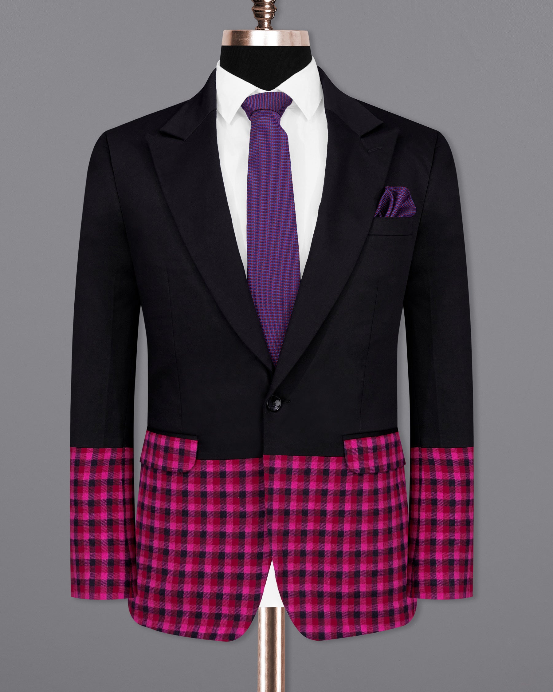 Half-Black and Half Jazzberry Pink Checkered Single-Breasted Premium Cotton Designer Blazer