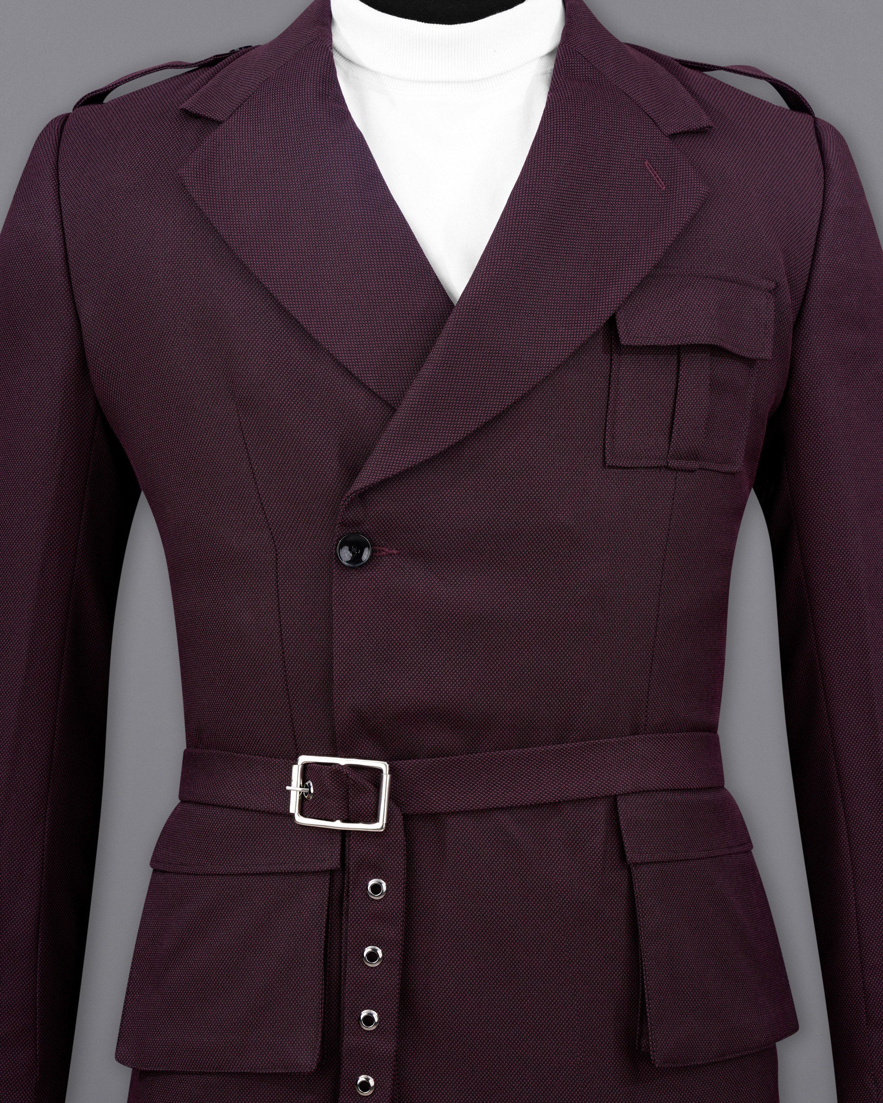 Eclipse Maroon Double Breasted Designer Blazer with Belt Closure