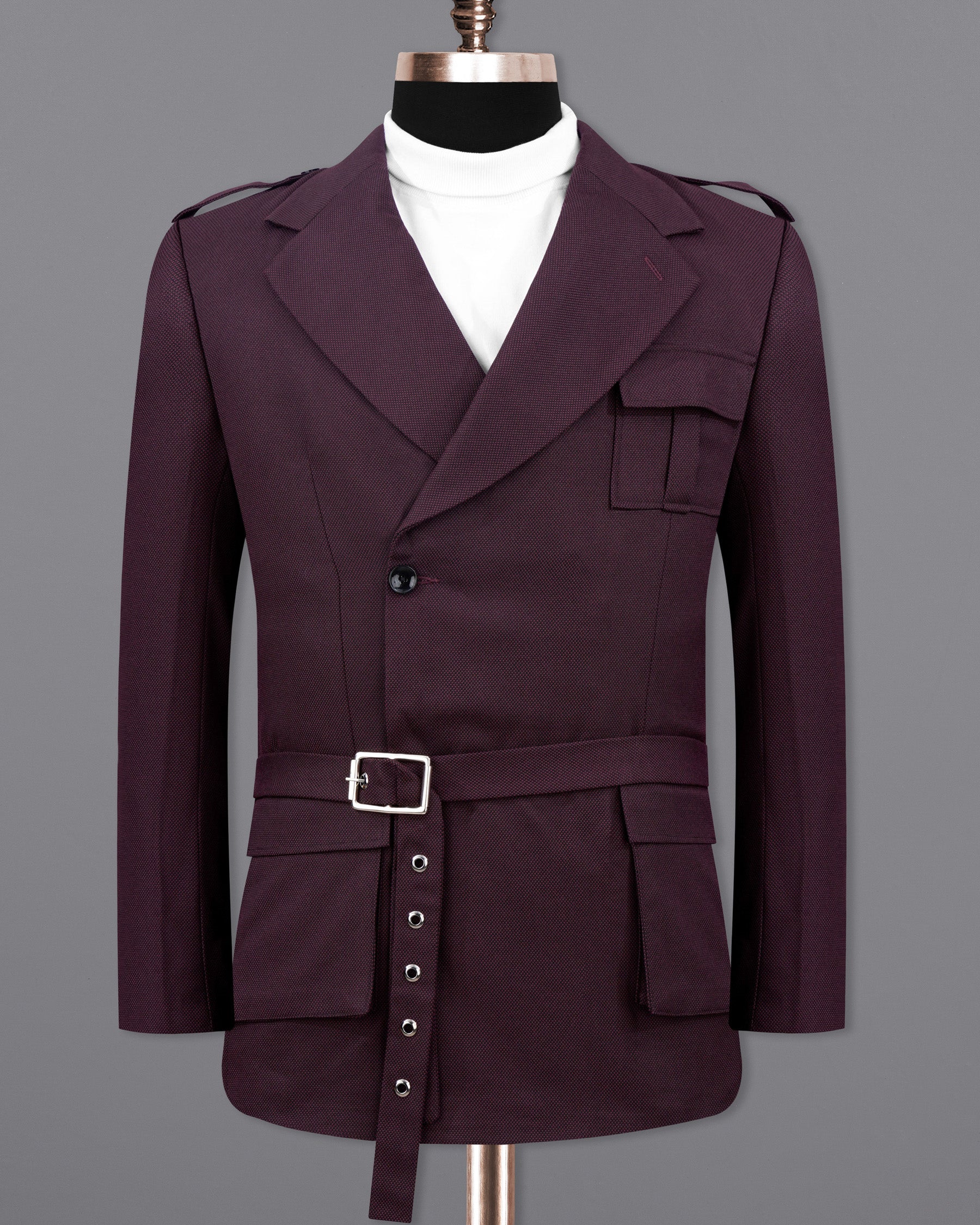 Eclipse Maroon Double Breasted Designer Blazer with Belt Closure