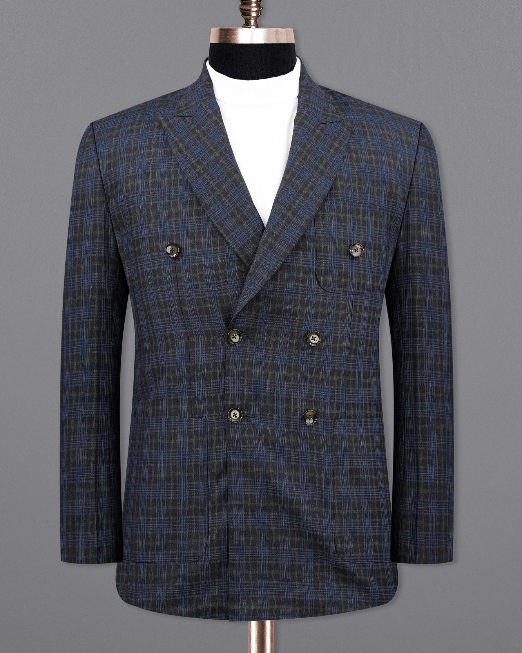 Fiord Navy Blue with Black Russian Plaid Double Breasted Sports Blazer