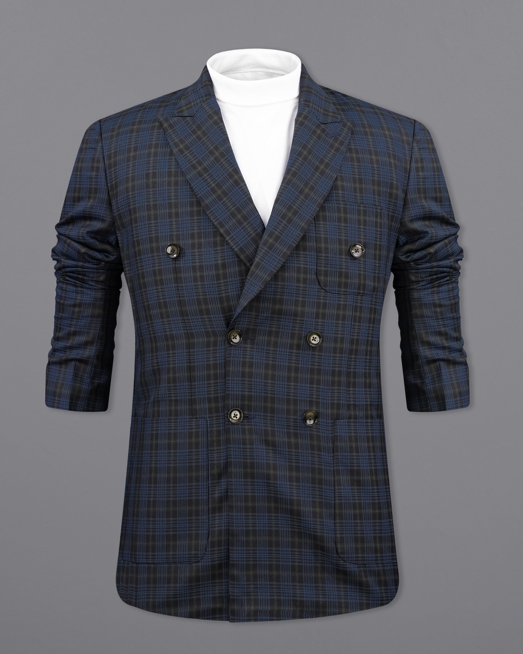 Fiord Navy Blue with Black Russian Plaid Double Breasted Sports Blazer