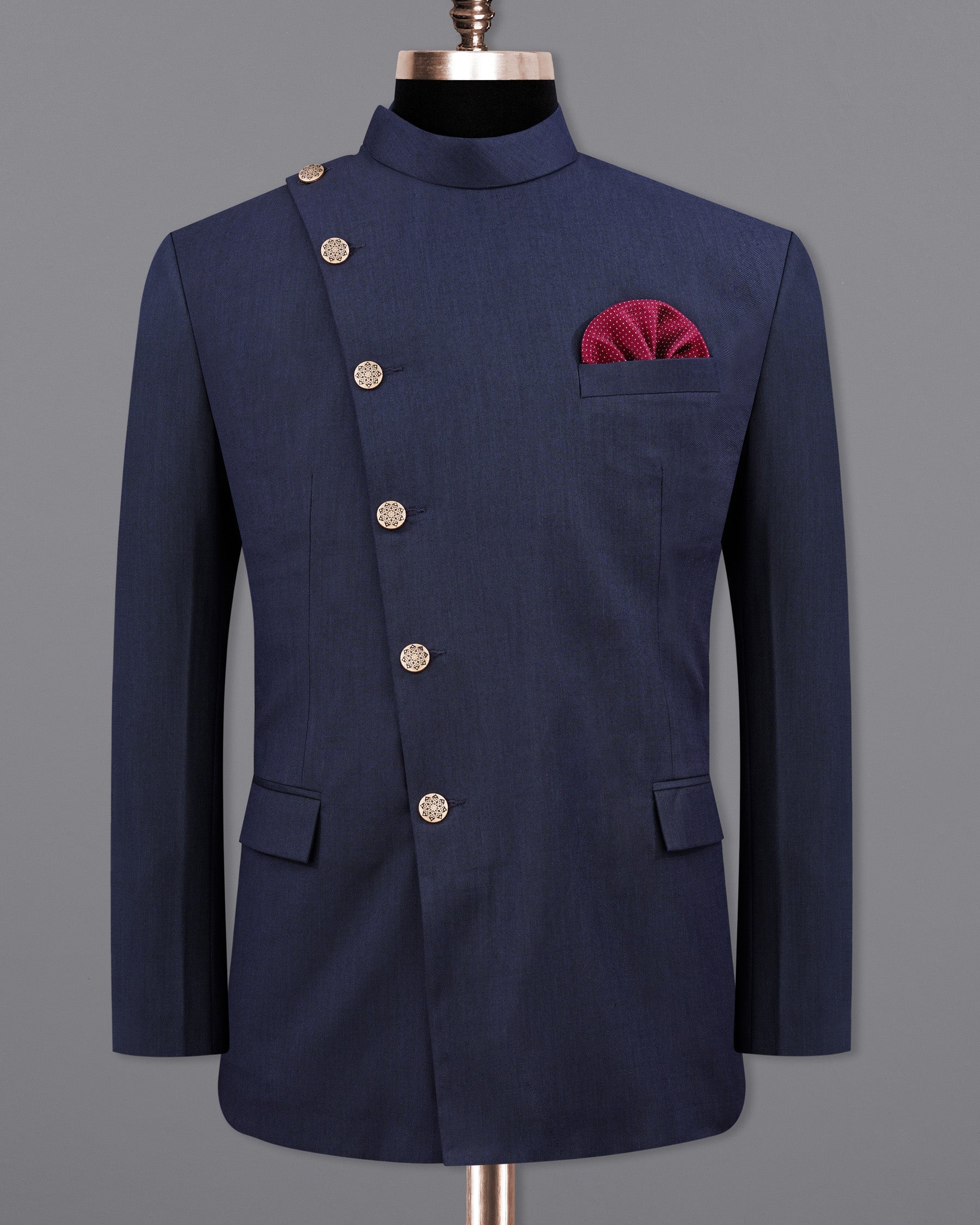 Gunmetal Navy Blue Cross Placket Bandhgala Blazer