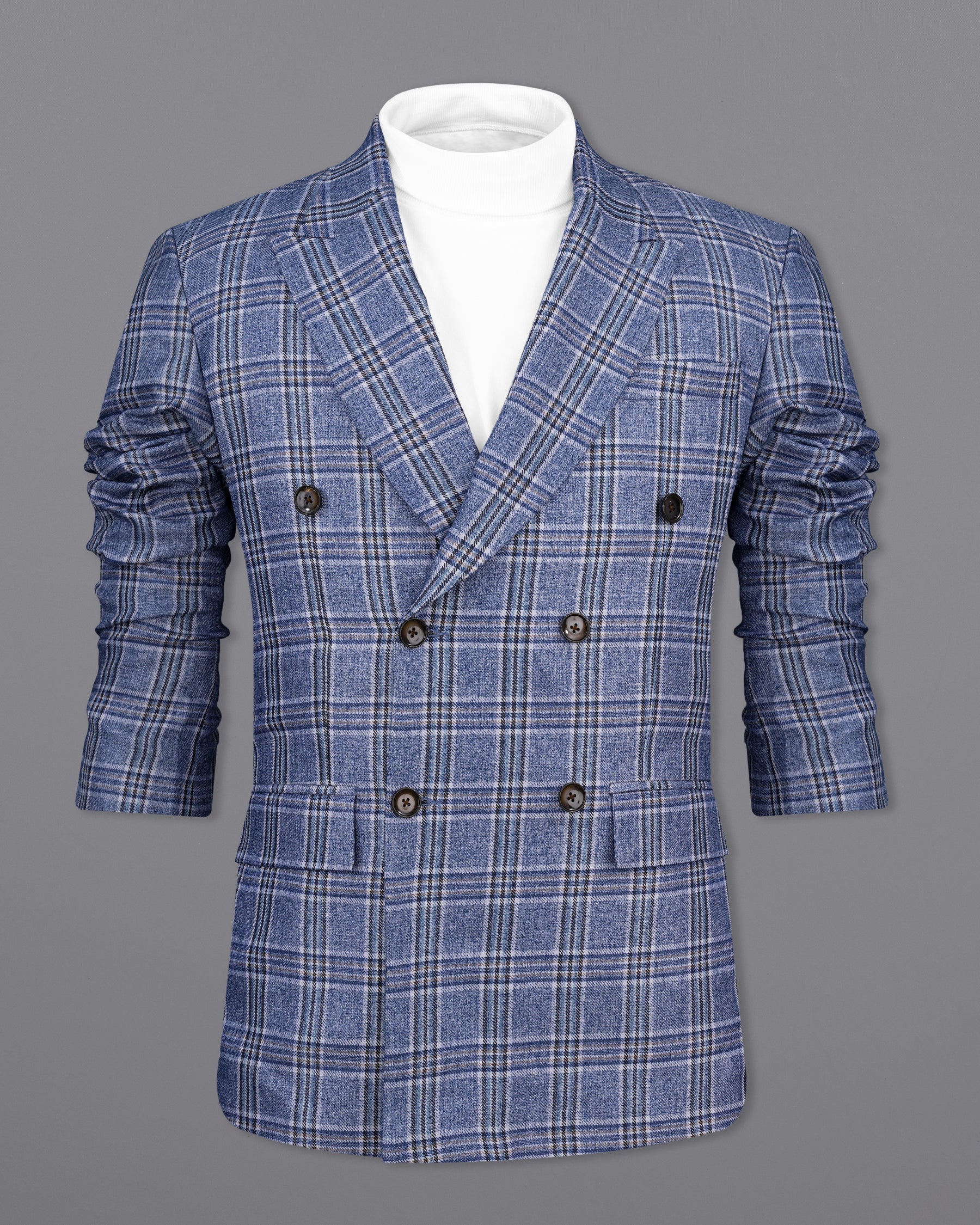 Bayoux Blue Plaid Double Breasted Blazer BL2143-DB-36, BL2143-DB-38, BL2143-DB-40, BL2143-DB-42, BL2143-DB-44, BL2143-DB-46, BL2143-DB-48, BL2143-DB-50, BL2143-DB-52, BL2143-DB-54, BL2143-DB-56, BL2143-DB-58, BL2143-DB-60