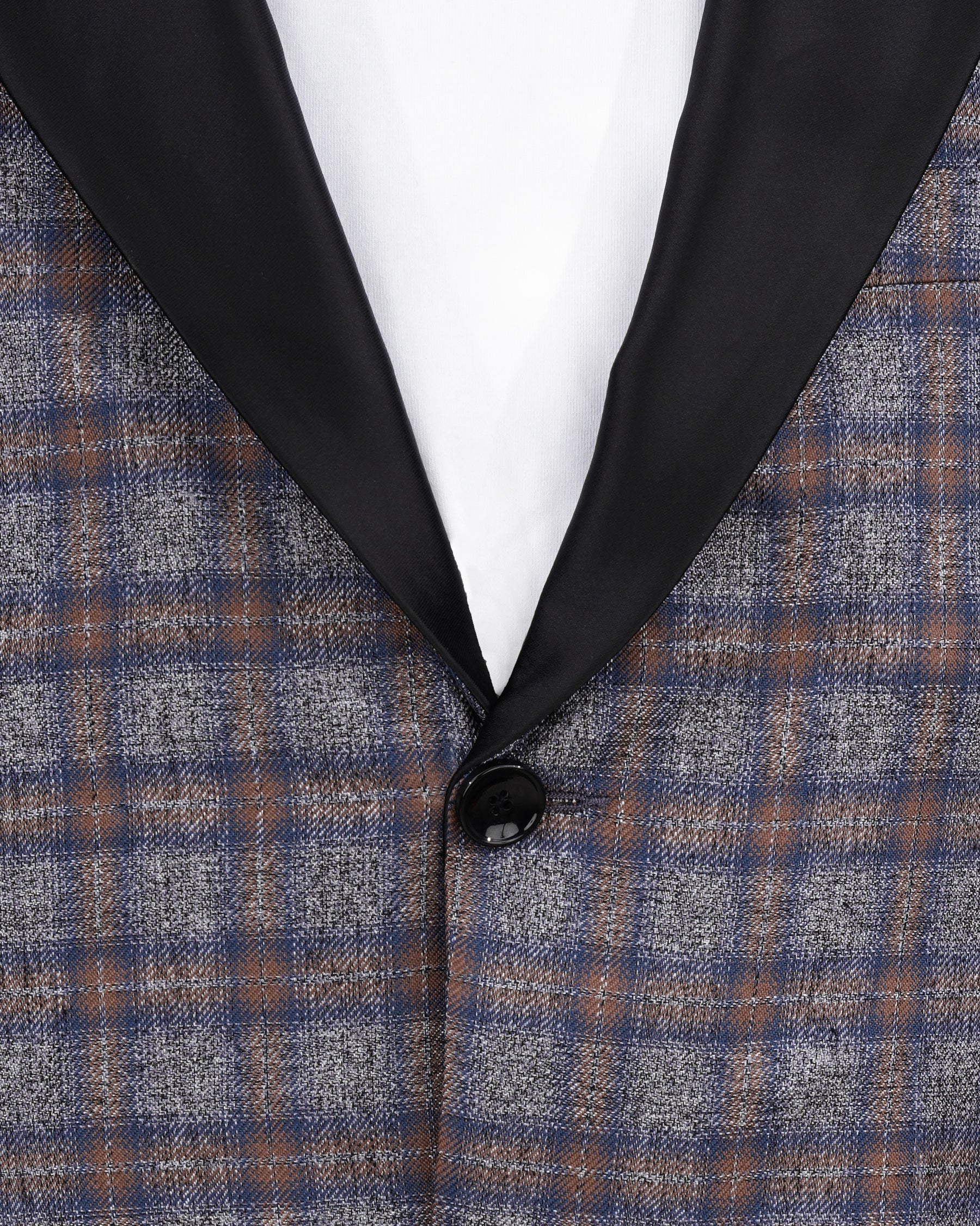 Fuscous Gray Checkered Single Breasted Black Lapel Designer Blazer BL2144-SB-BKPL-36, BL2144-SB-BKPL-38, BL2144-SB-BKPL-40, BL2144-SB-BKPL-42, BL2144-SB-BKPL-44, BL2144-SB-BKPL-46, BL2144-SB-BKPL-48, BL2144-SB-BKPL-50, BL2144-SB-BKPL-52, BL2144-SB-BKPL-54, BL2144-SB-BKPL-56, BL2144-SB-BKPL-58, BL2144-SB-BKPL-60