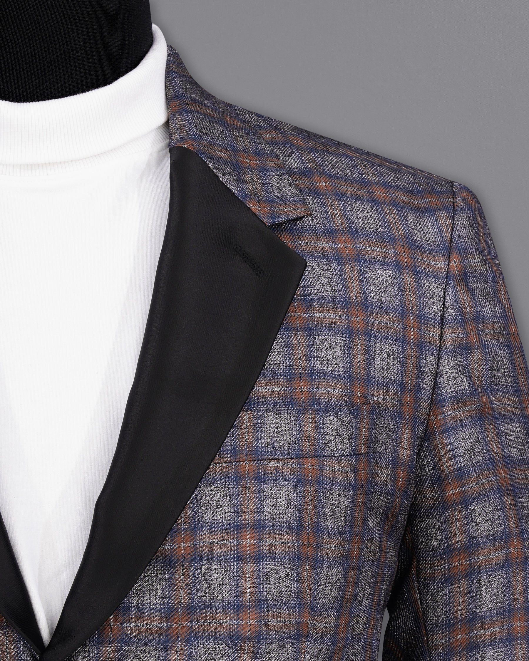 Fuscous Gray Checkered Single Breasted Black Lapel Designer Blazer BL2144-SB-BKPL-36, BL2144-SB-BKPL-38, BL2144-SB-BKPL-40, BL2144-SB-BKPL-42, BL2144-SB-BKPL-44, BL2144-SB-BKPL-46, BL2144-SB-BKPL-48, BL2144-SB-BKPL-50, BL2144-SB-BKPL-52, BL2144-SB-BKPL-54, BL2144-SB-BKPL-56, BL2144-SB-BKPL-58, BL2144-SB-BKPL-60