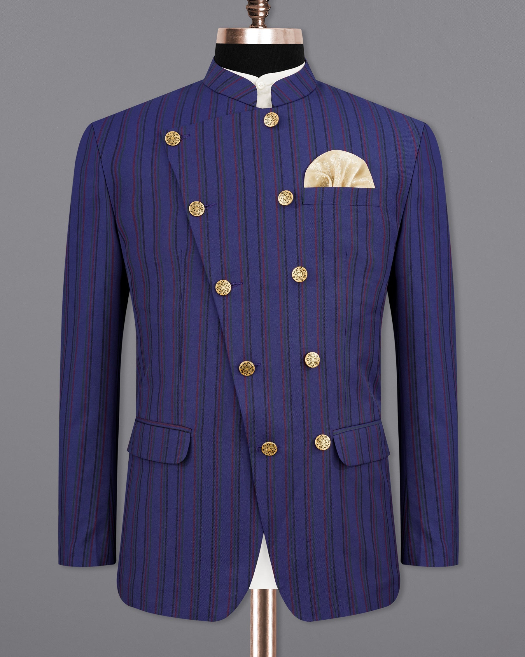 Violent Navy Blue Multicolour Striped Cross Buttoned Bandhgala Blazer BL2152-CBG3-36, BL2152-CBG3-38, BL2152-CBG3-40, BL2152-CBG3-42, BL2152-CBG3-44, BL2152-CBG3-46, BL2152-CBG3-48, BL2152-CBG3-50, BL2152-CBG3-52, BL2152-CBG3-54, BL2152-CBG3-56, BL2152-CBG3-58, BL2152-CBG3-60