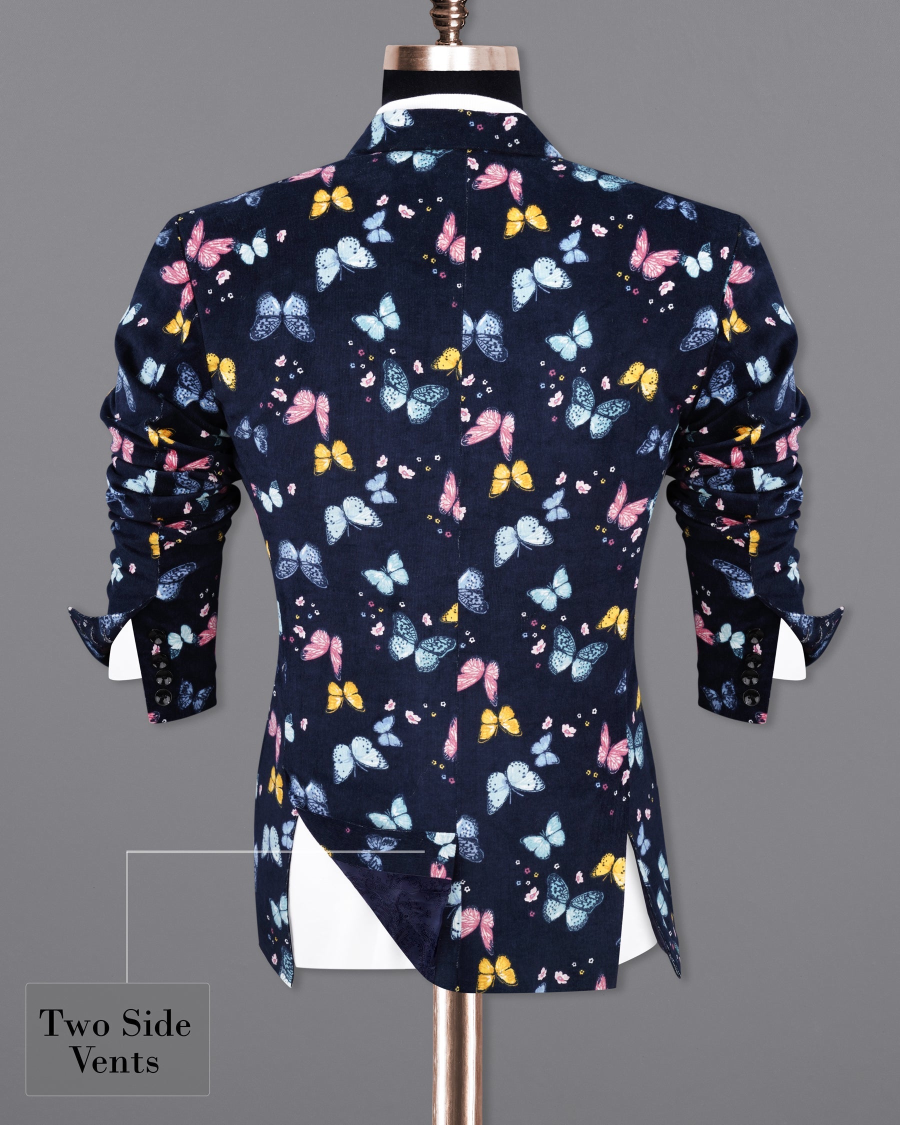 Cider Navy Blue Butterfly Printed Premium Cotton Designer Blazer BL2156-SB-36, BL2156-SB-38, BL2156-SB-40, BL2156-SB-42, BL2156-SB-44, BL2156-SB-46, BL2156-SB-48, BL2156-SB-50, BL2156-SB-52, BL2156-SB-54, BL2156-SB-56, BL2156-SB-58, BL2156-SB-60