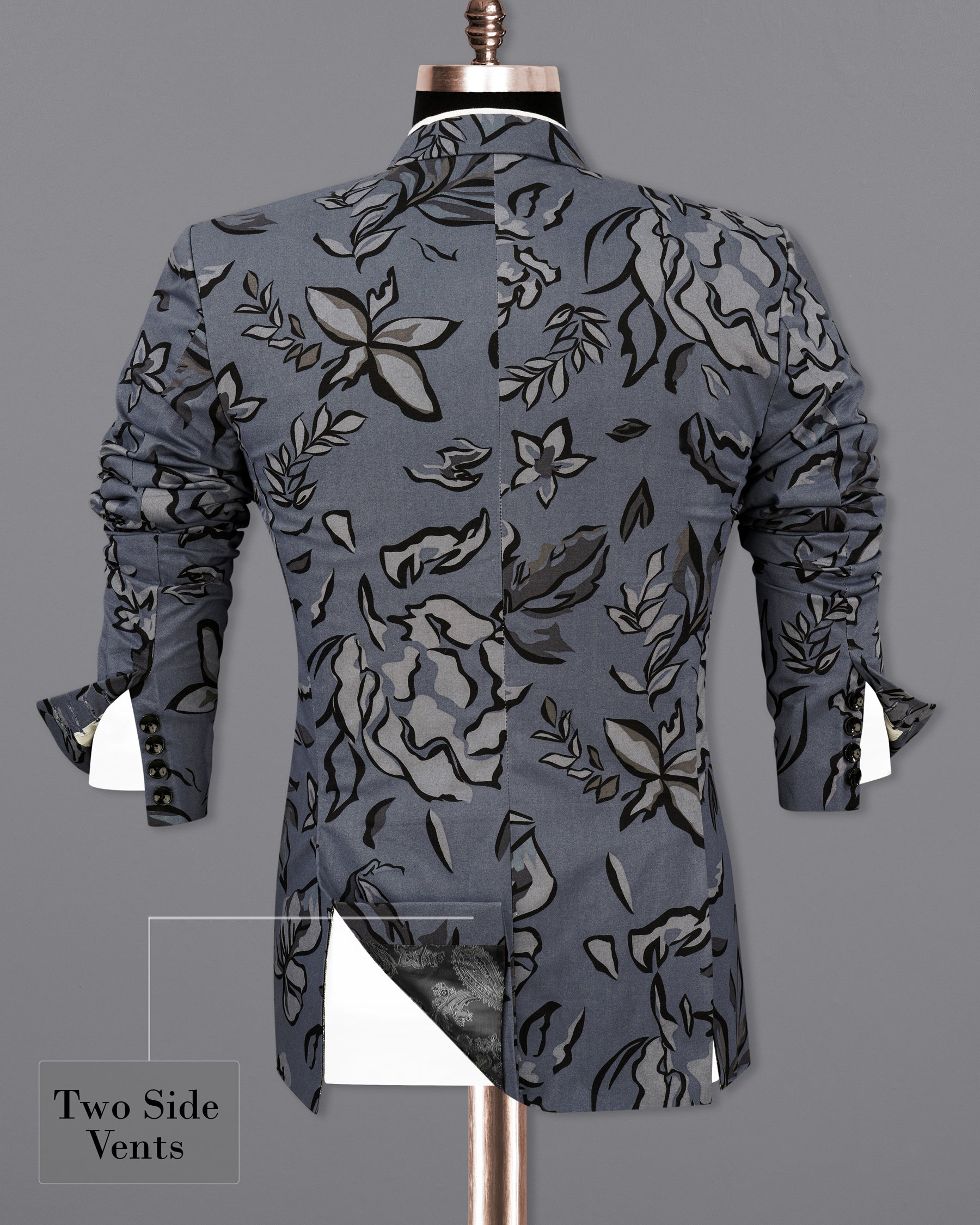 Scarpa Blue with Hurrican Gray Leaves Printed Premium Cotton Designer Blazer BL2164-SB-36, BL2164-SB-38, BL2164-SB-40, BL2164-SB-42, BL2164-SB-44, BL2164-SB-46, BL2164-SB-48, BL2164-SB-50, BL2164-SB-52, BL2164-SB-54, BL2164-SB-56, BL2164-SB-58, BL2164-SB-60