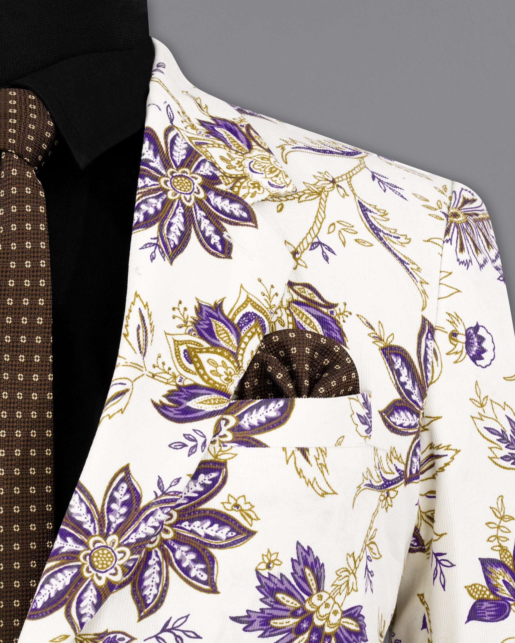 Desert Storm Cream with Eminence Blue Leaves Printed Premium Cotton Designer Blazer BL2165-SB-36, BL2165-SB-38, BL2165-SB-40, BL2165-SB-42, BL2165-SB-44, BL2165-SB-46, BL2165-SB-48, BL2165-SB-50, BL2165-SB-52, BL2165-SB-54, BL2165-SB-56, BL2165-SB-58, BL2165-SB-60