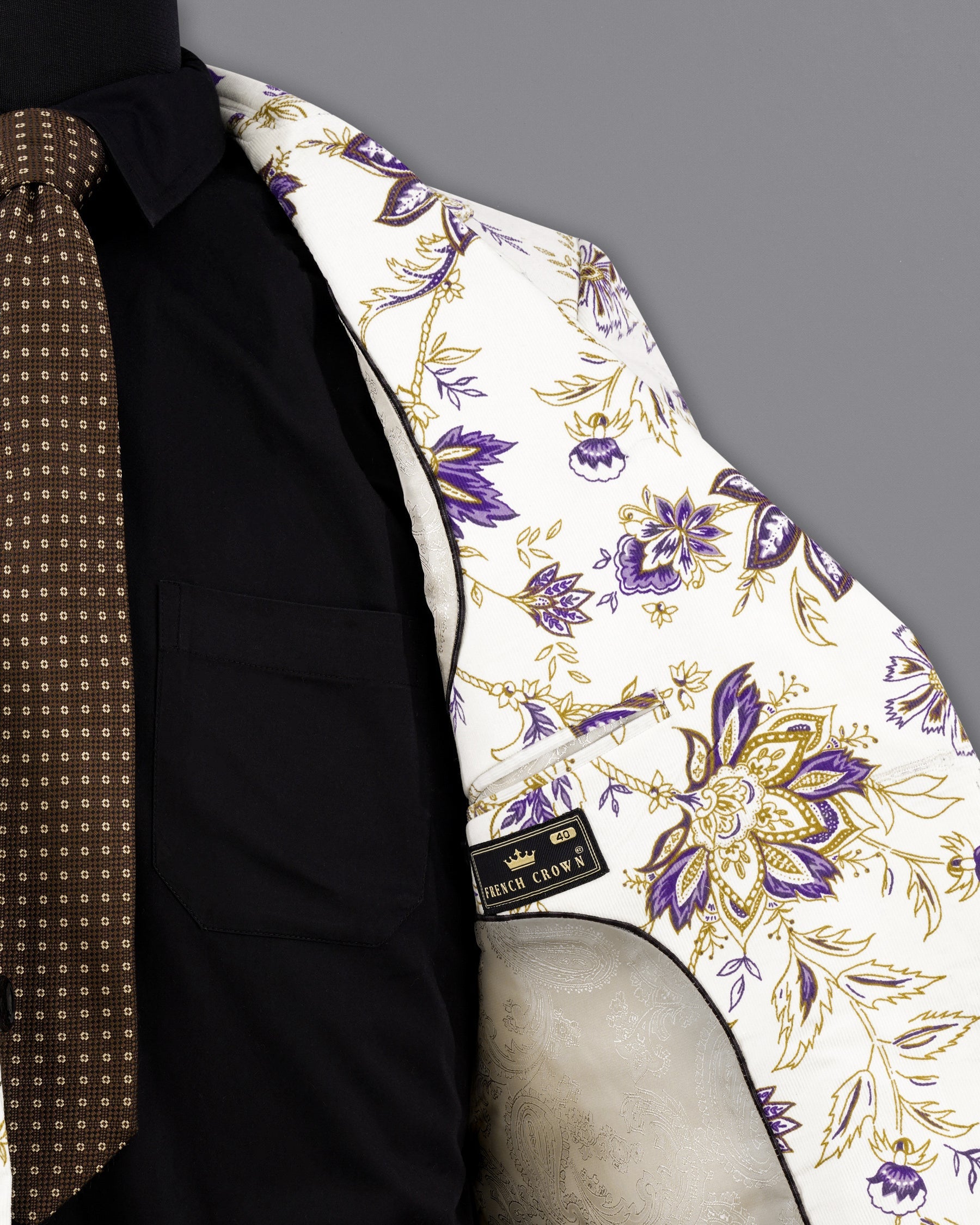 Desert Storm Cream with Eminence Blue Leaves Printed Premium Cotton Designer Blazer BL2165-SB-36, BL2165-SB-38, BL2165-SB-40, BL2165-SB-42, BL2165-SB-44, BL2165-SB-46, BL2165-SB-48, BL2165-SB-50, BL2165-SB-52, BL2165-SB-54, BL2165-SB-56, BL2165-SB-58, BL2165-SB-60