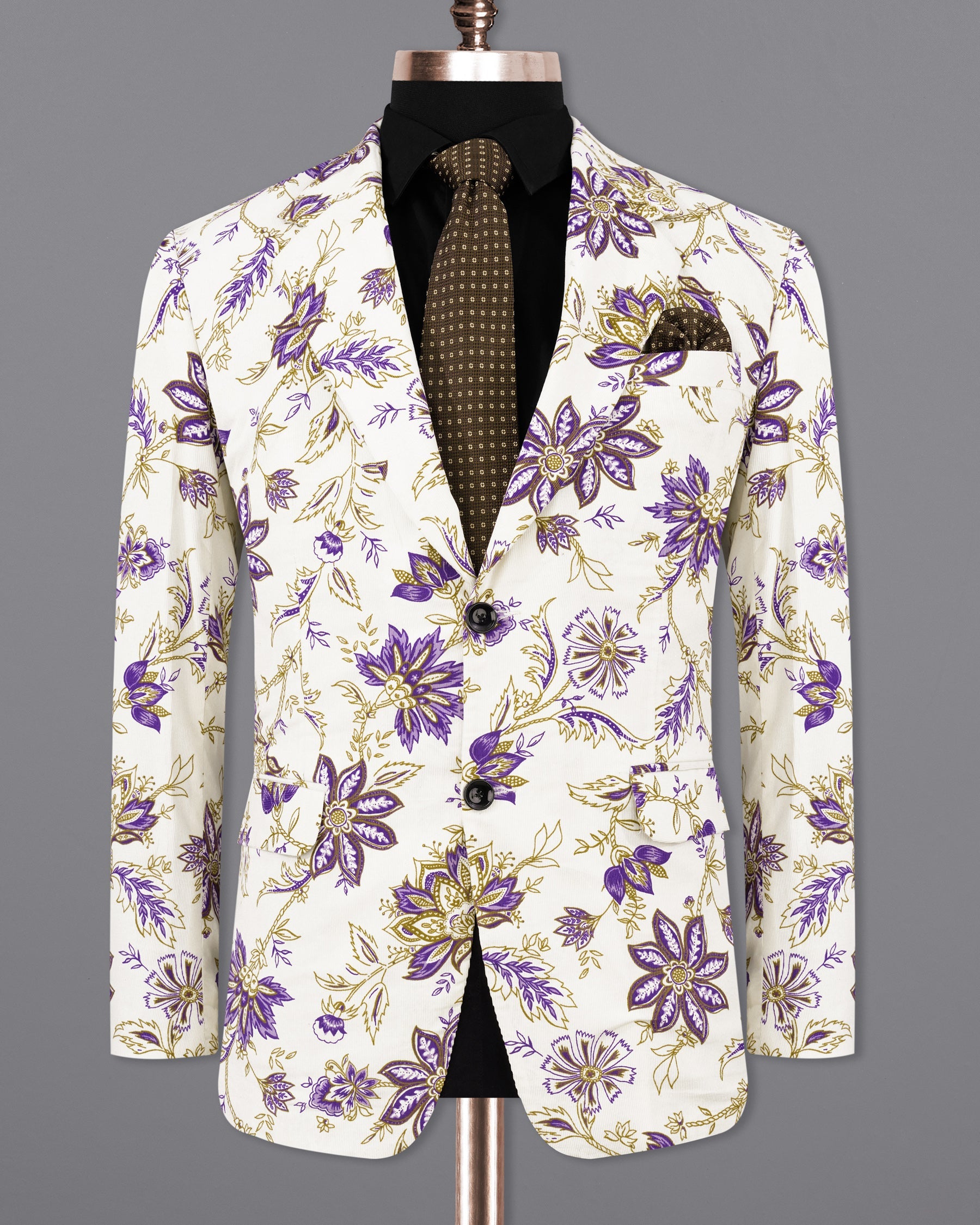 Desert Storm Cream with Eminence Blue Leaves Printed Premium Cotton Designer Blazer BL2165-SB-36, BL2165-SB-38, BL2165-SB-40, BL2165-SB-42, BL2165-SB-44, BL2165-SB-46, BL2165-SB-48, BL2165-SB-50, BL2165-SB-52, BL2165-SB-54, BL2165-SB-56, BL2165-SB-58, BL2165-SB-60