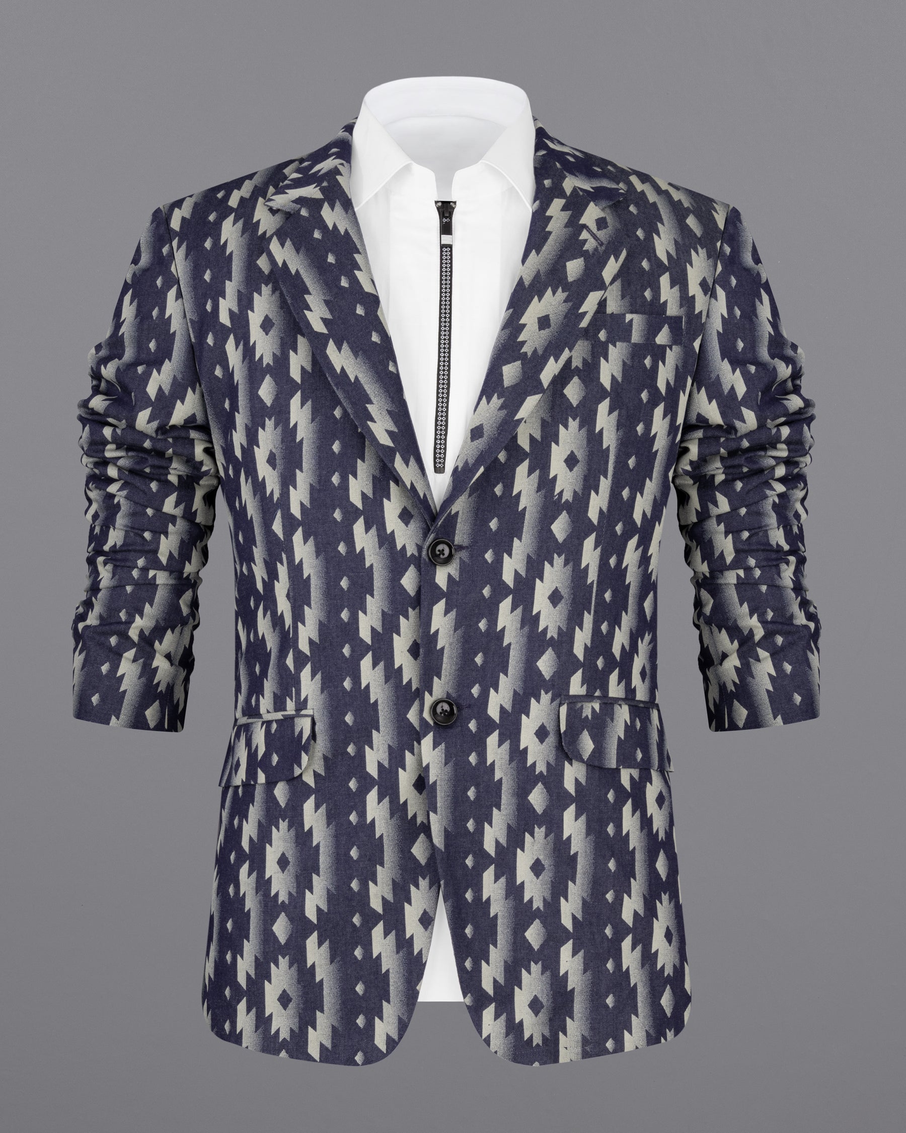 Gunmetal Blue with Nobel Cream Iktat Printed Denim Designer Blazer BL2183-SB-36, BL2183-SB-38, BL2183-SB-40, BL2183-SB-42, BL2183-SB-44, BL2183-SB-46, BL2183-SB-48, BL2183-SB-50, BL2183-SB-52, BL2183-SB-54, BL2183-SB-56, BL2183-SB-58, BL2183-SB-60