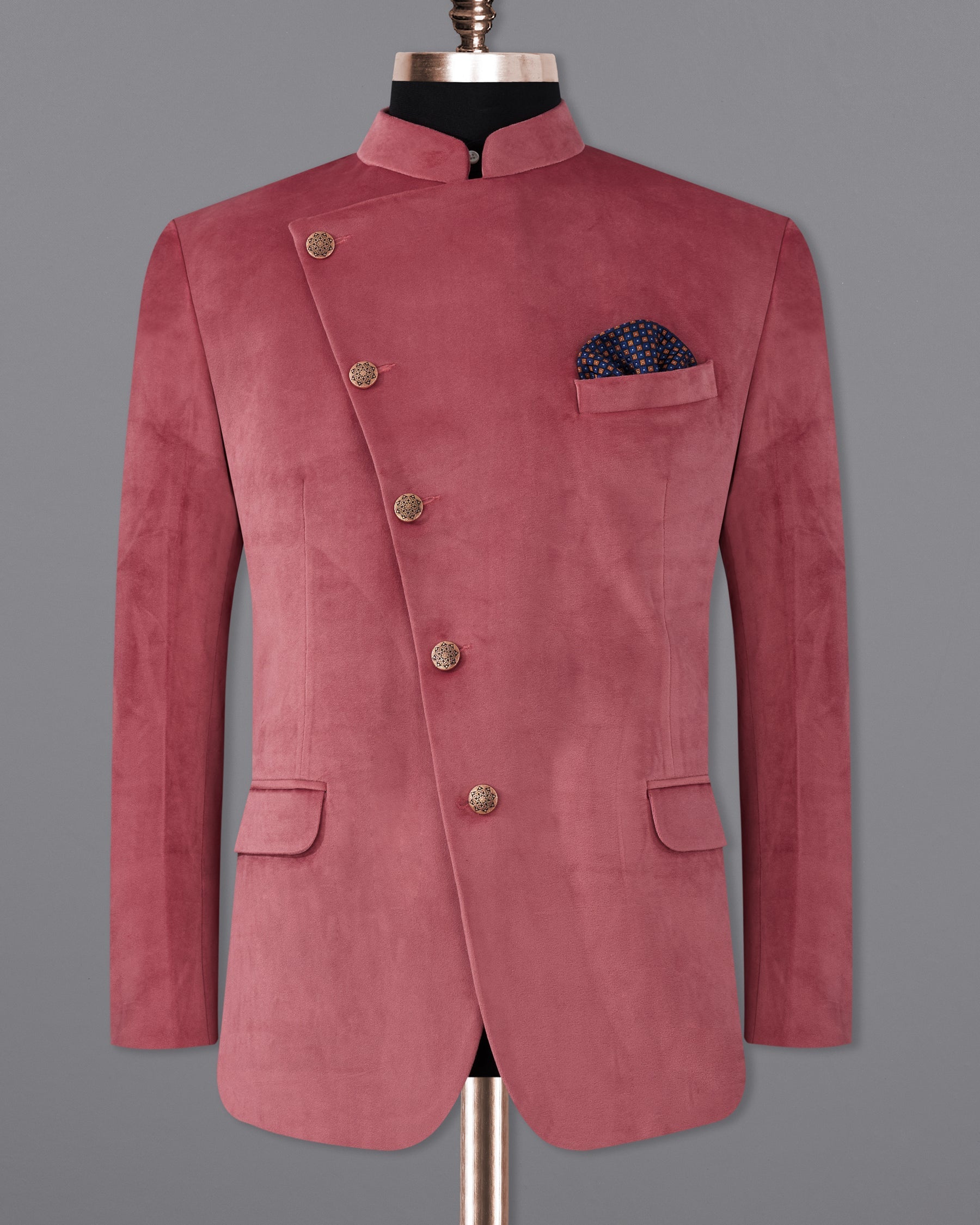 Coral Pink Cross Buttoned Bandhgala Premium Velvet Designer Blazer BL2206-CBG-36, BL2206-CBG-38, BL2206-CBG-40, BL2206-CBG-42, BL2206-CBG-44, BL2206-CBG-46, BL2206-CBG-48, BL2206-CBG-50, BL2206-CBG-52, BL2206-CBG-54, BL2206-CBG-56, BL2206-CBG-58, BL2206-CBG-60