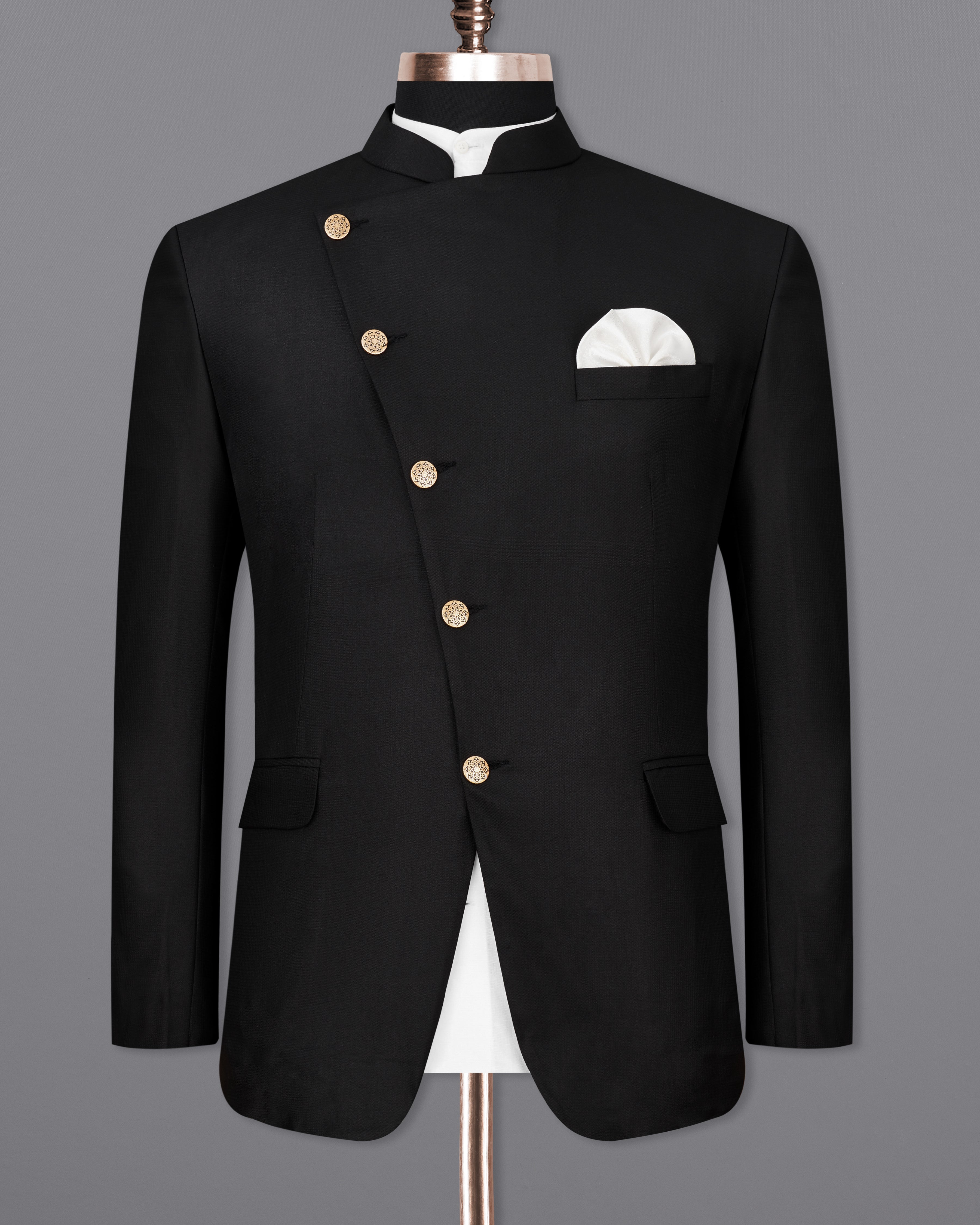 Jade Black Cross Buttoned Bandhgala Blazer BL2249-CBG-36, BL2249-CBG-38, BL2249-CBG-40, BL2249-CBG-42, BL2249-CBG-44, BL2249-CBG-46, BL2249-CBG-48, BL2249-CBG-50, BL2249-CBG-52, BL2249-CBG-54, BL2249-CBG-56, BL2249-CBG-58, BL2249-CBG-60