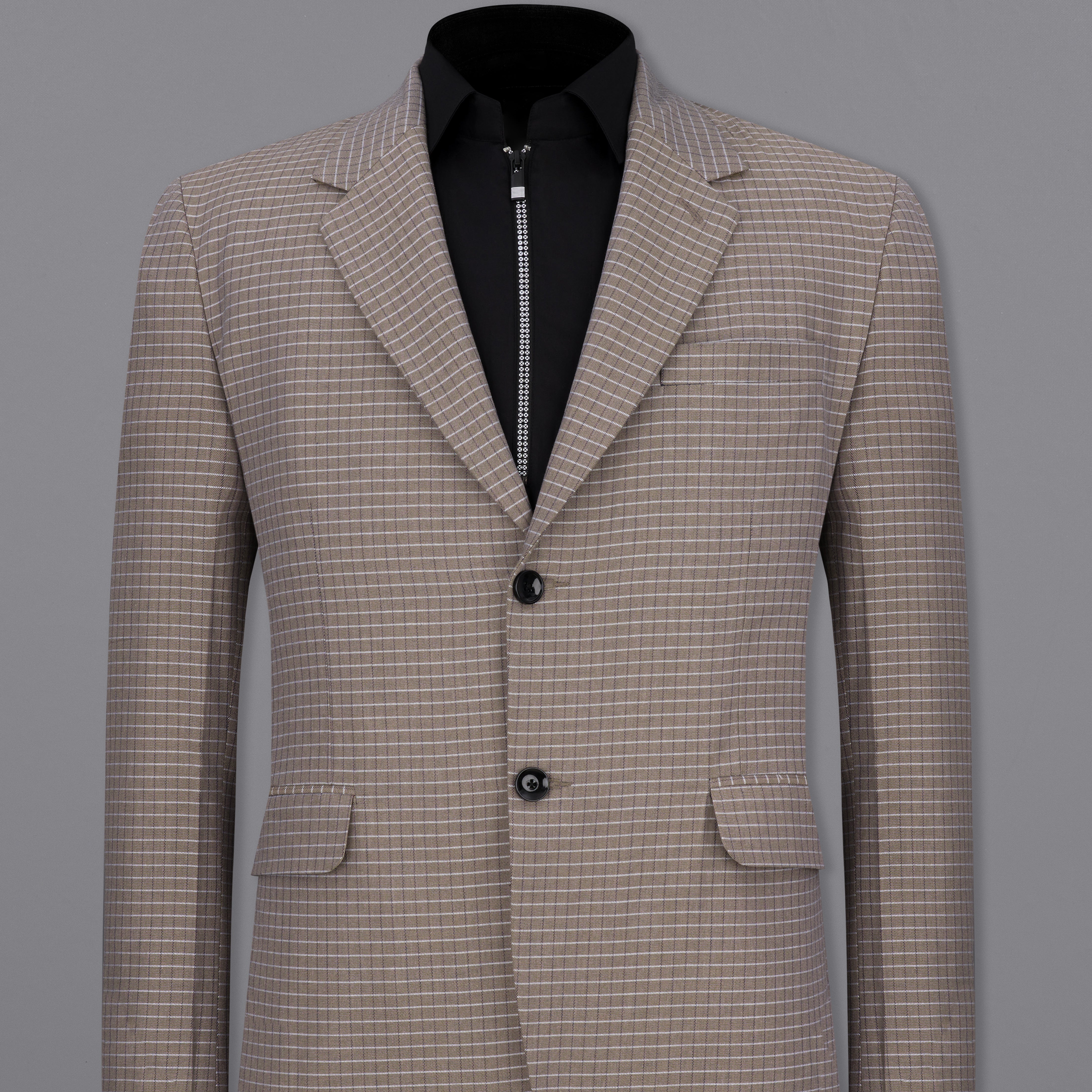 Sand Dune Brown Checkered Single Breasted Premium Cotton Blazer