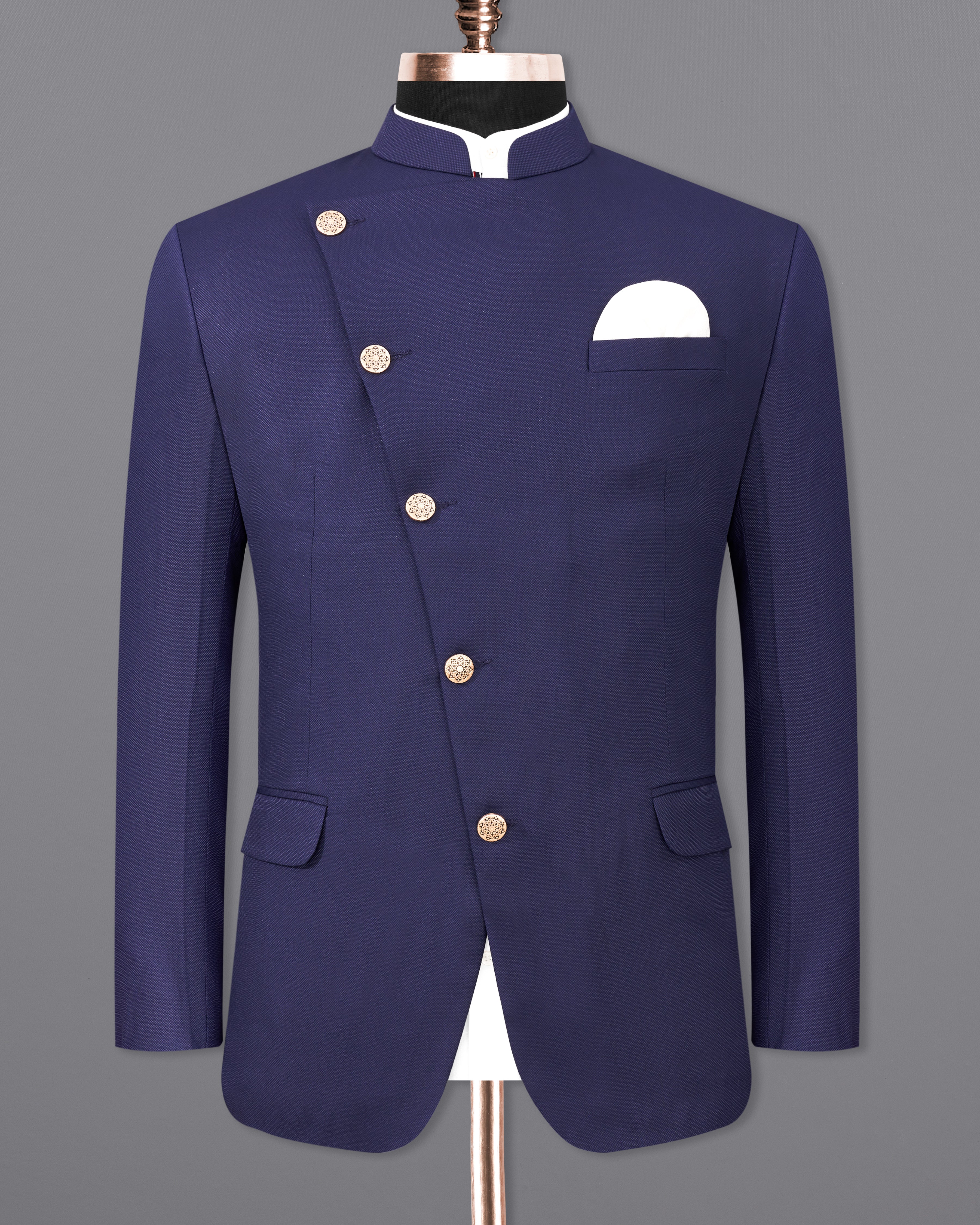 Ebony Clay Navy Blue Cross Placket Bandhgala Blazer