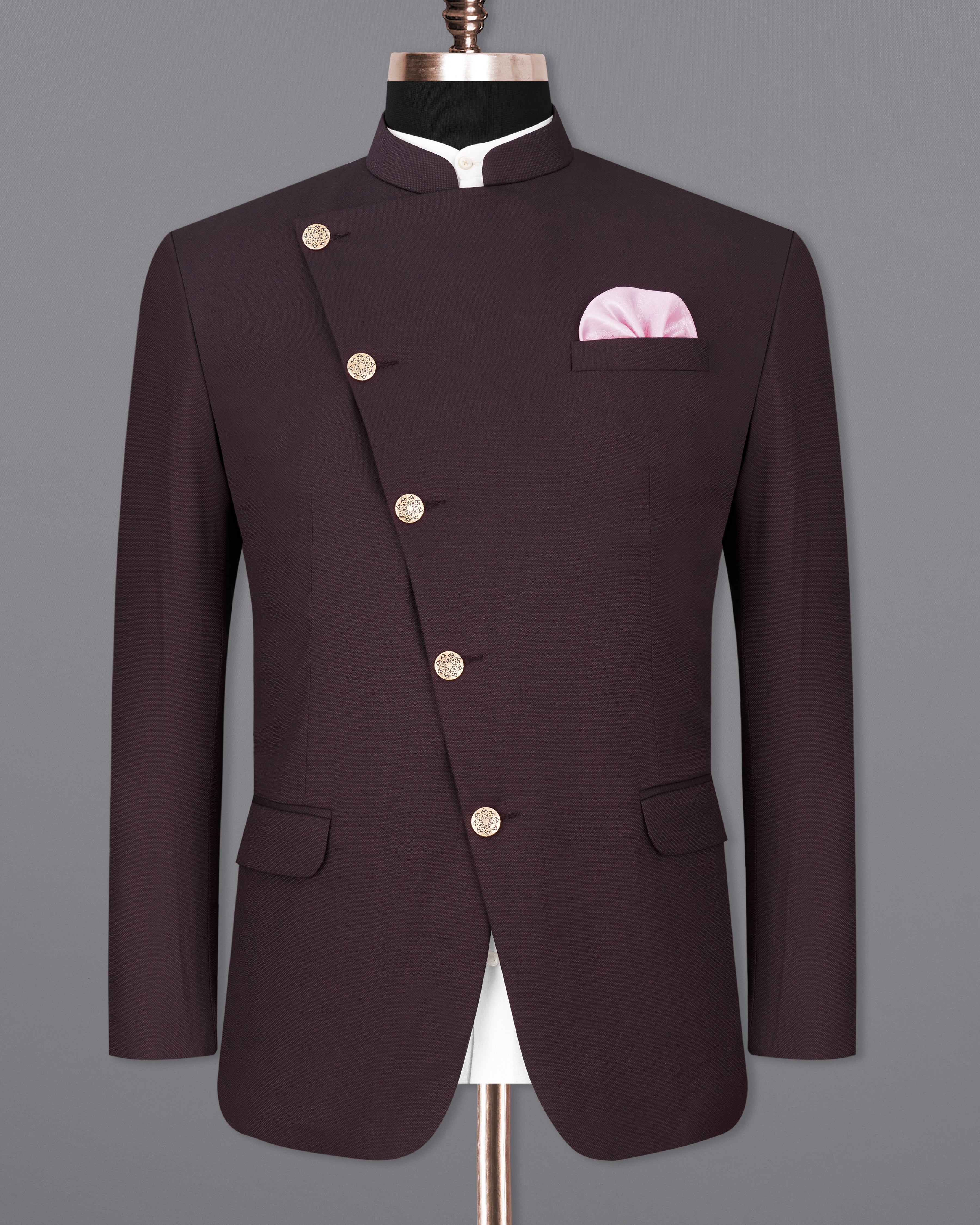 Aubergine Maroon Cross Buttoned Bandhgala Blazer BL2291-CBG-36, BL2291-CBG-38, BL2291-CBG-40, BL2291-CBG-42, BL2291-CBG-44, BL2291-CBG-46, BL2291-CBG-48, BL2291-CBG-50, BL2291-CBG-52, BL2291-CBG-54, BL2291-CBG-56, BL2291-CBG-58, BL2291-CBG-60