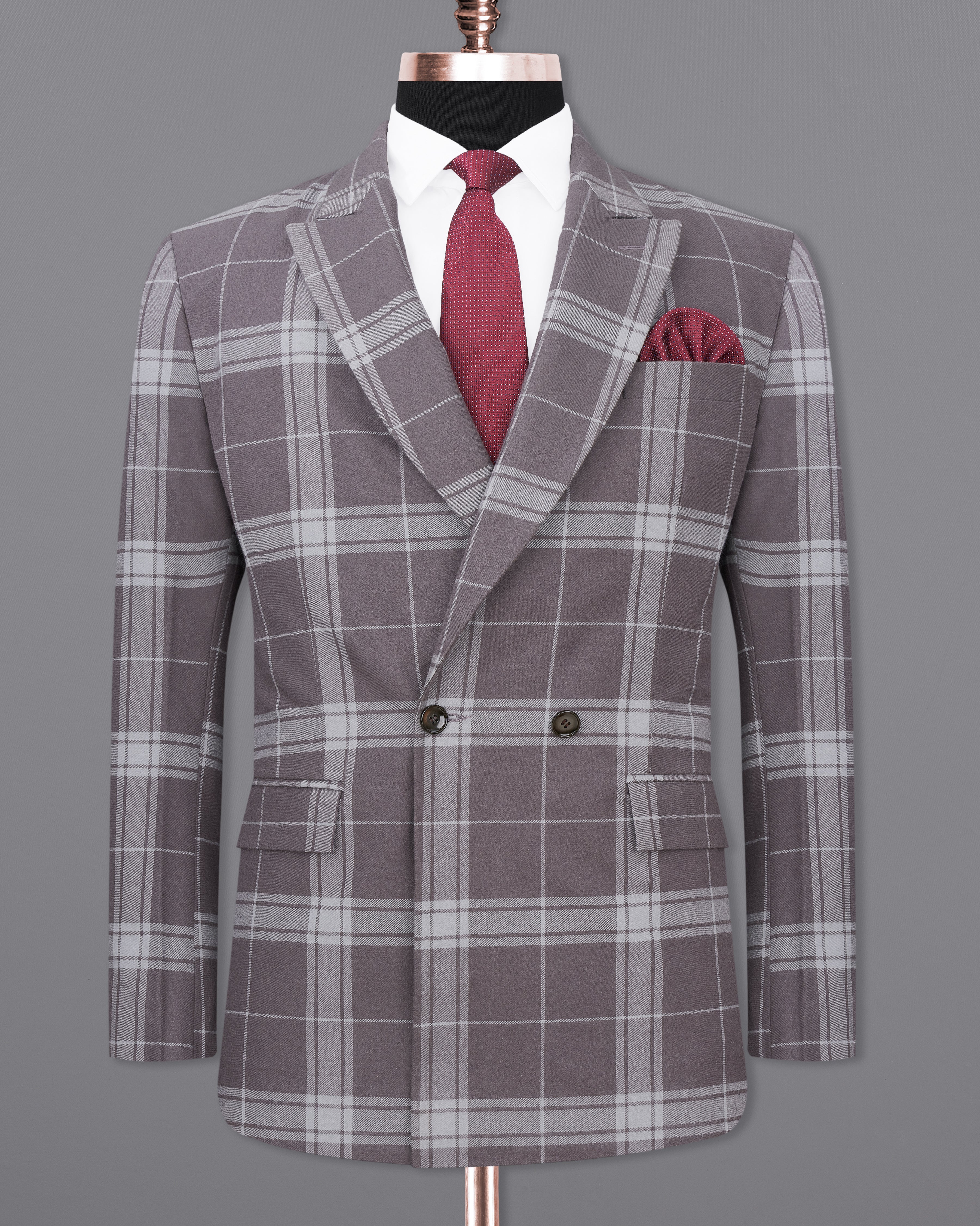 Tundora Brown with Star Dust Gray Plaid Premium Cotton Double Breasted Designer Blazer BL2338-DB-2B-36, BL2338-DB-2B-38, BL2338-DB-2B-40, BL2338-DB-2B-42, BL2338-DB-2B-44, BL2338-DB-2B-46, BL2338-DB-2B-48, BL2338-DB-2B-50, BL2338-DB-2B-52, BL2338-DB-2B-54, BL2338-DB-2B-56, BL2338-DB-2B-58, BL2338-DB-2B-60	