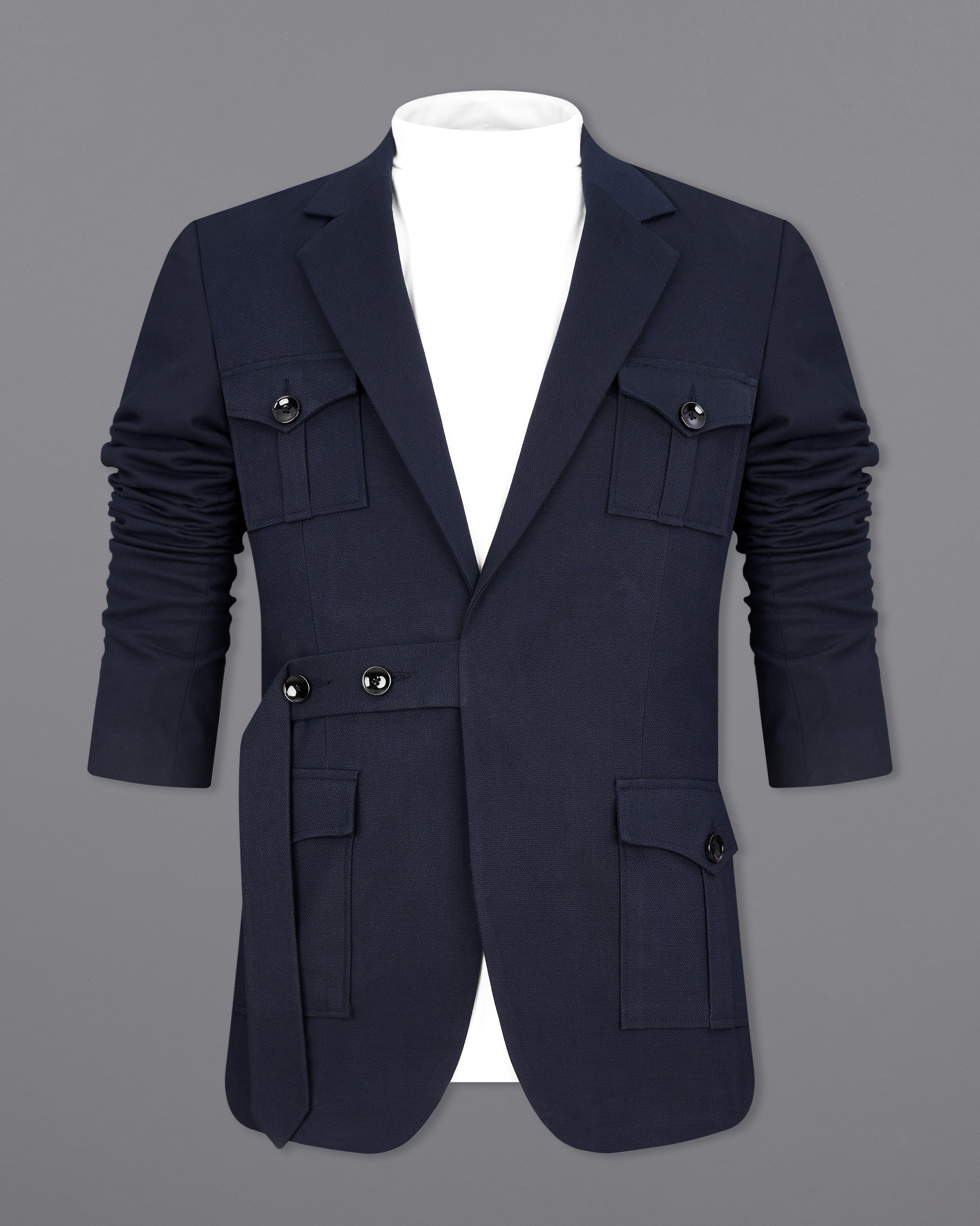 Thunder Navy Blue Premium Cotton Designer Blazer with Functional Belt Fastening