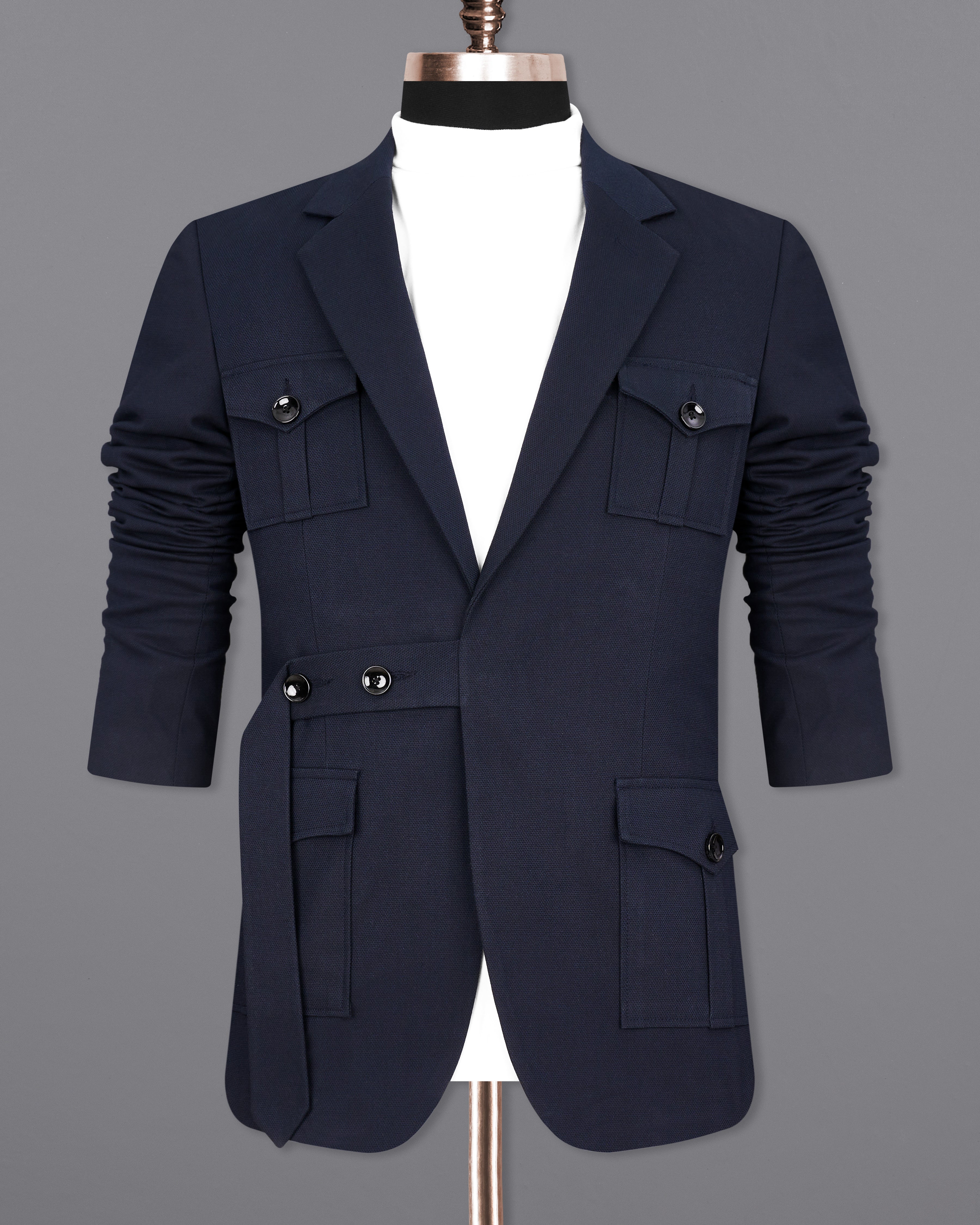 Thunder Navy Blue Premium Cotton Designer Blazer with Functional Belt Fastening