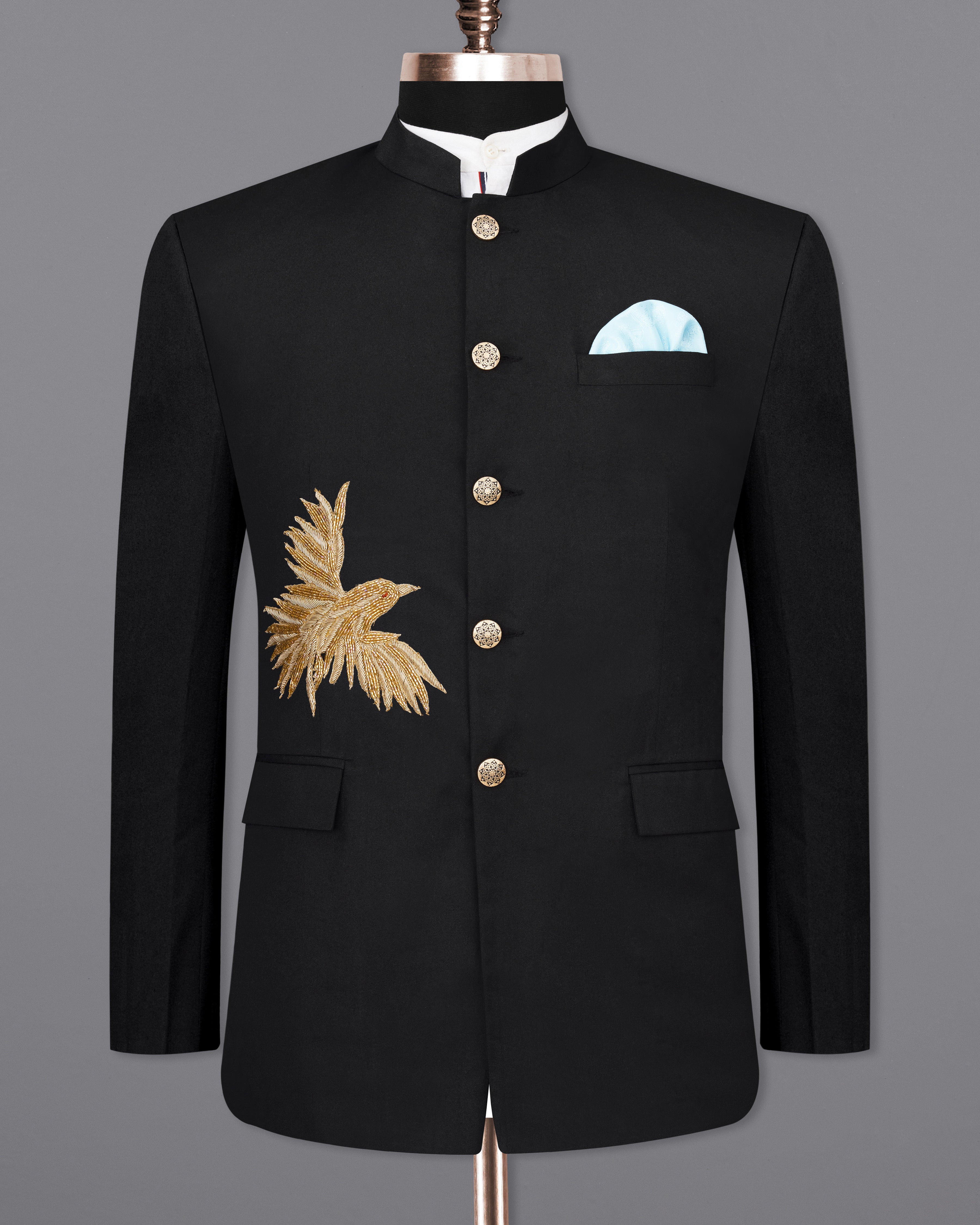 Jade Black with Camel Golden Bird Embroidered Bandhgala Designer Blazer