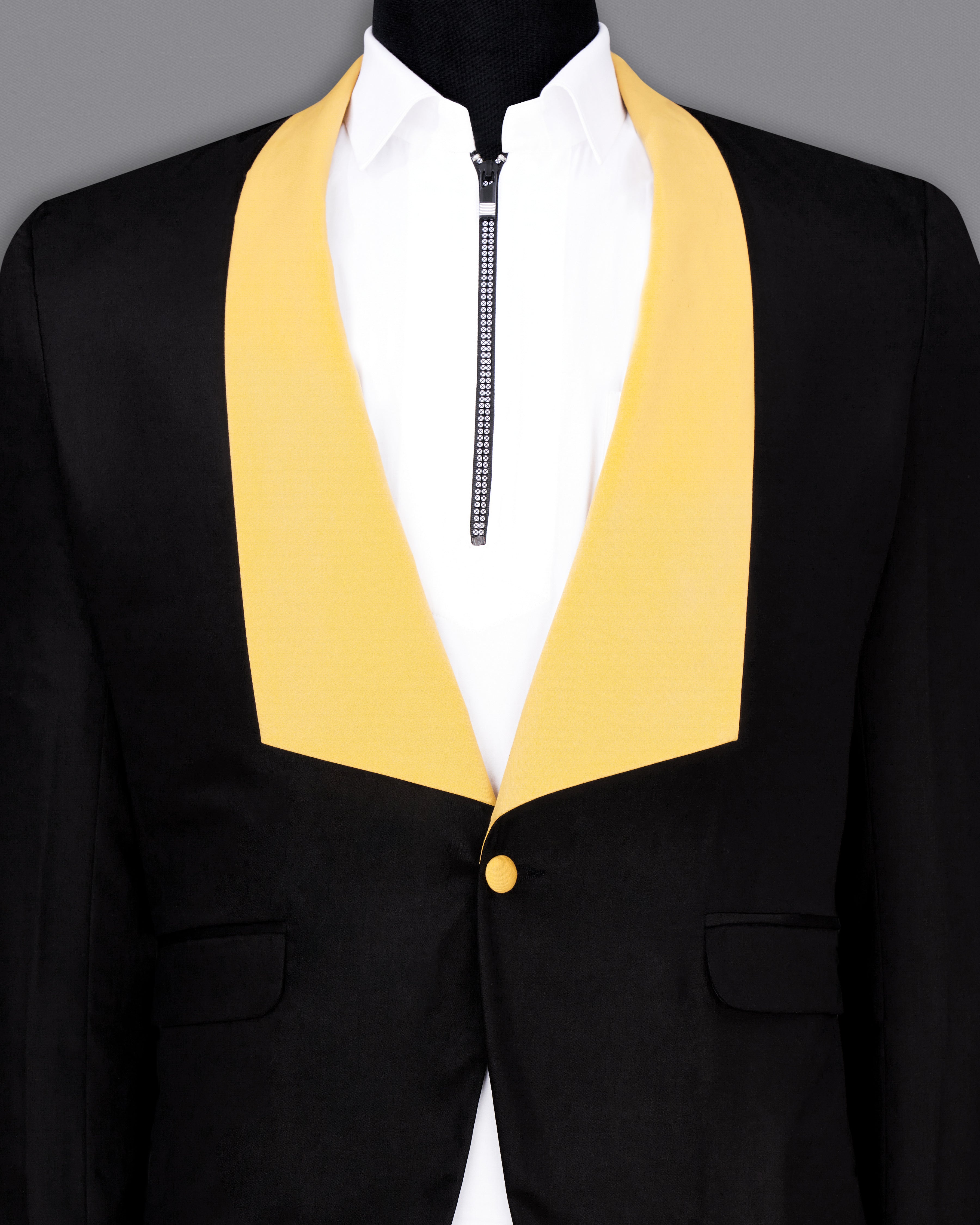 Jade Black Subtle Sheen With Yellow Lapel Designer Single-Breasted Designer Blazer