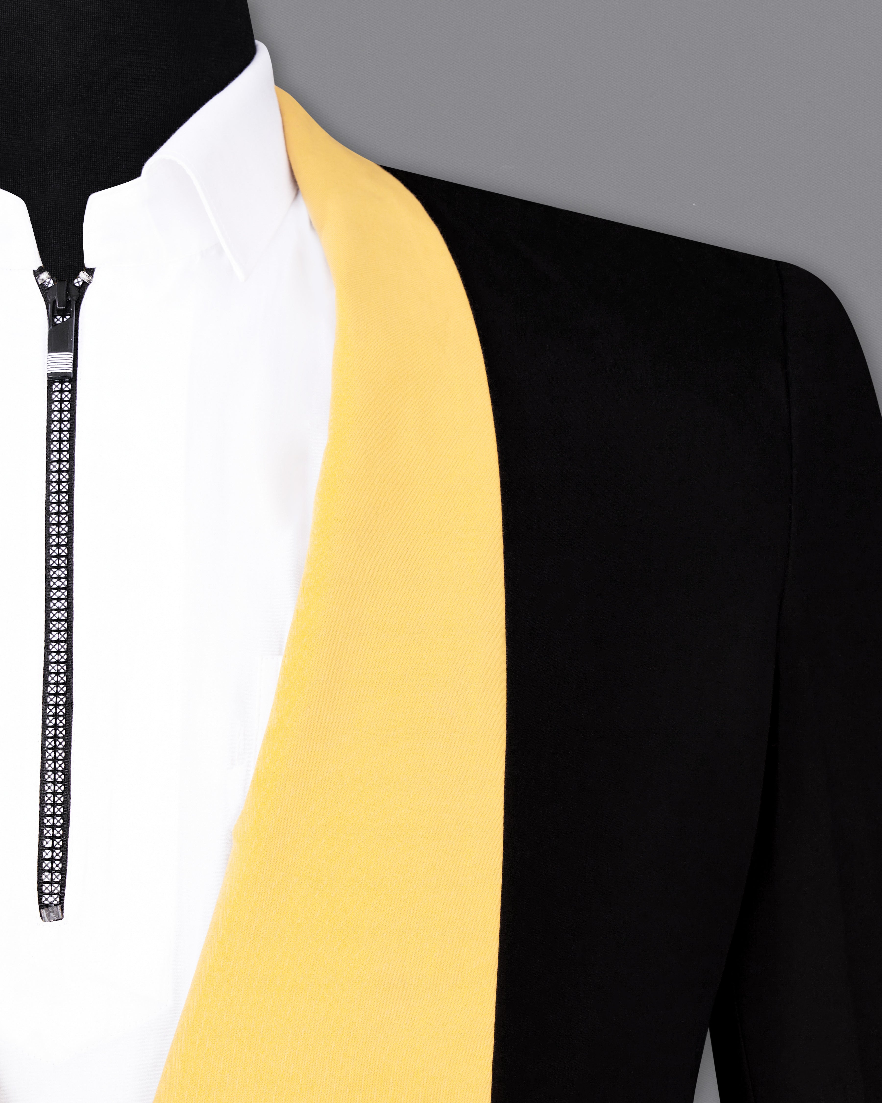 Jade Black Subtle Sheen With Yellow Lapel Designer Single-Breasted Designer Blazer