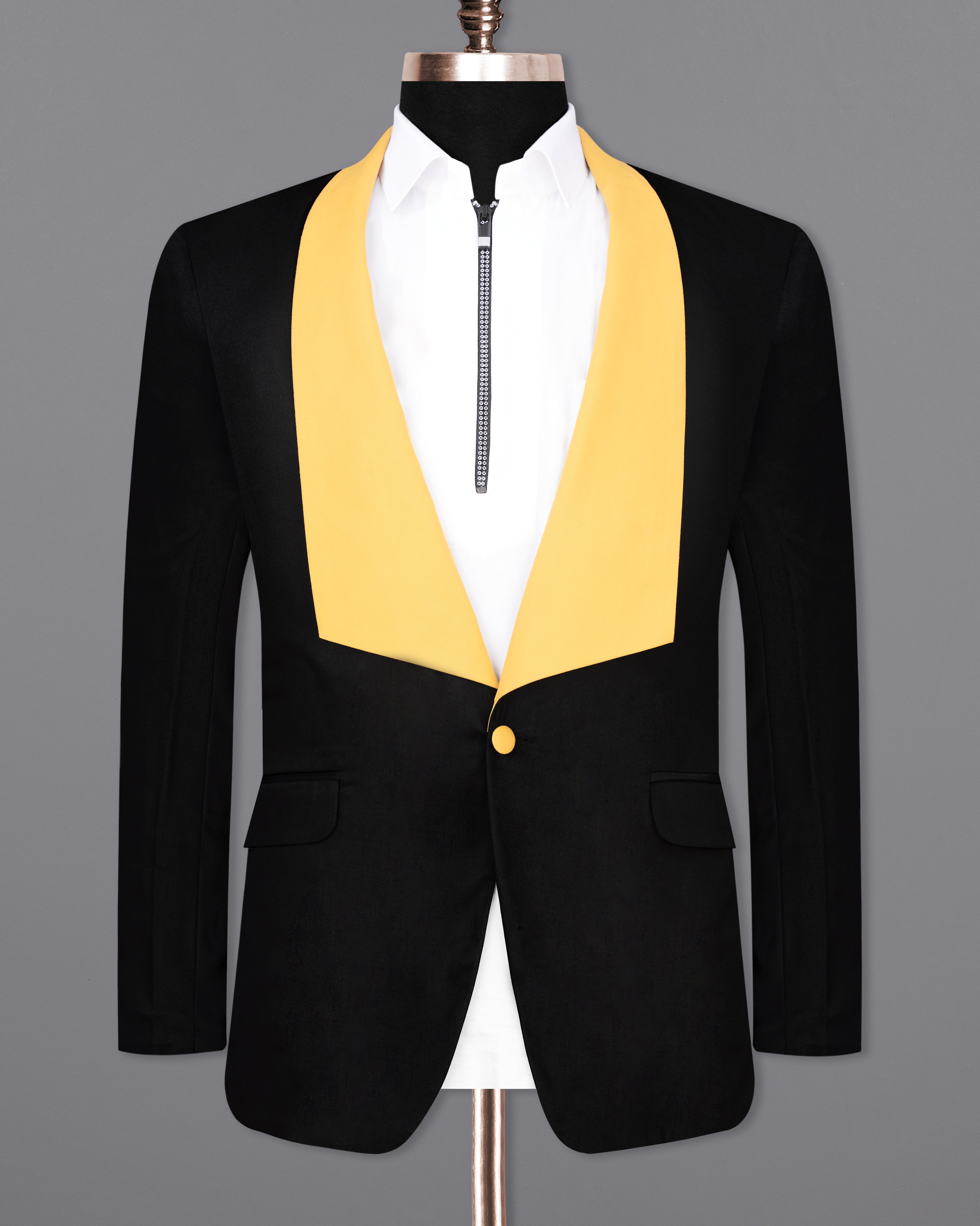 Jade Black Subtle Sheen With Yellow Lapel Designer Single-Breasted Designer Blazer