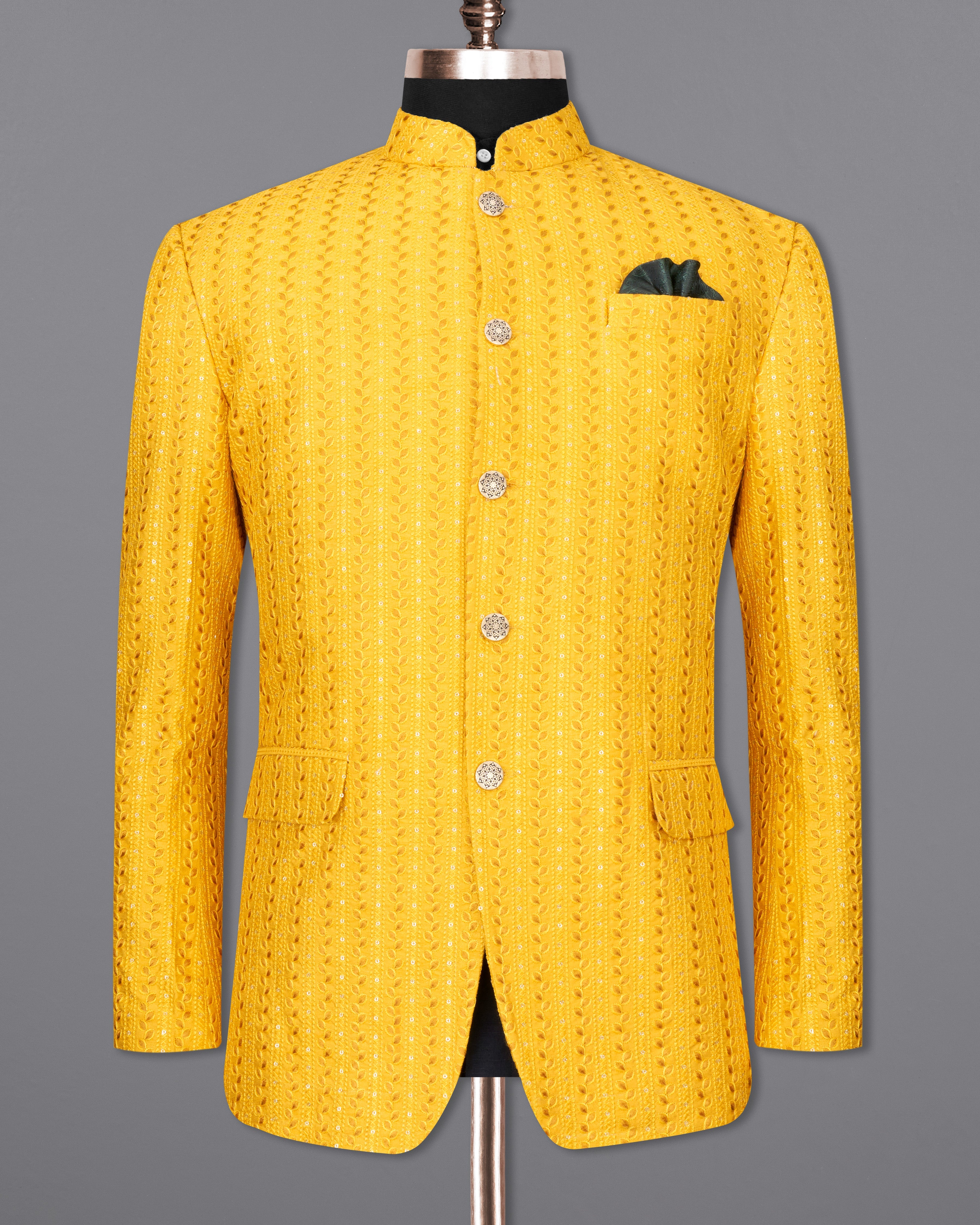 Mikado Yellow Cotton Thread Embroidered Bandhgala Blazer