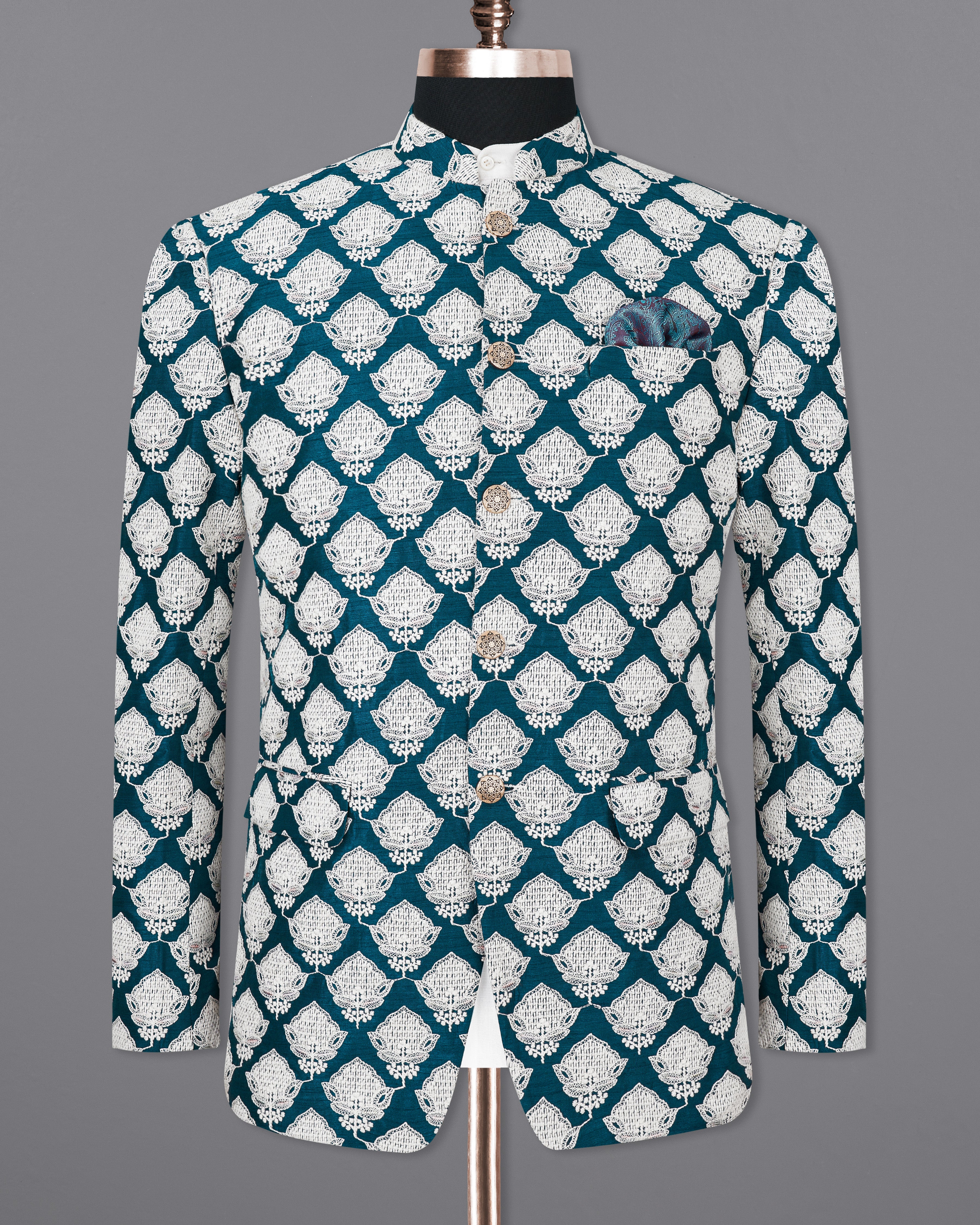 Rhino Blue with White Embroidered Bandhgala Blazer