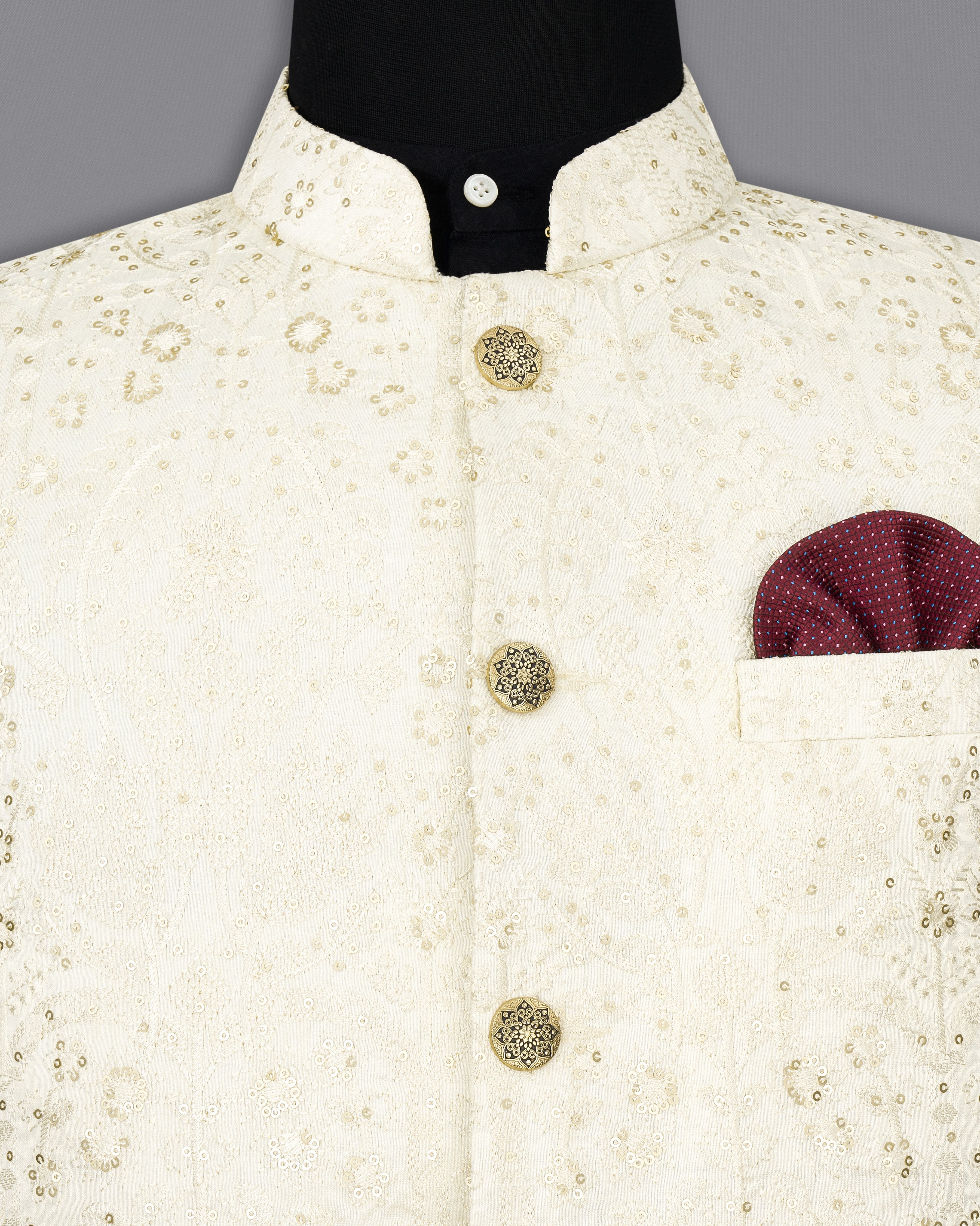 Merino Cream Cotton Thread Embroidered Bandhgala Blazer