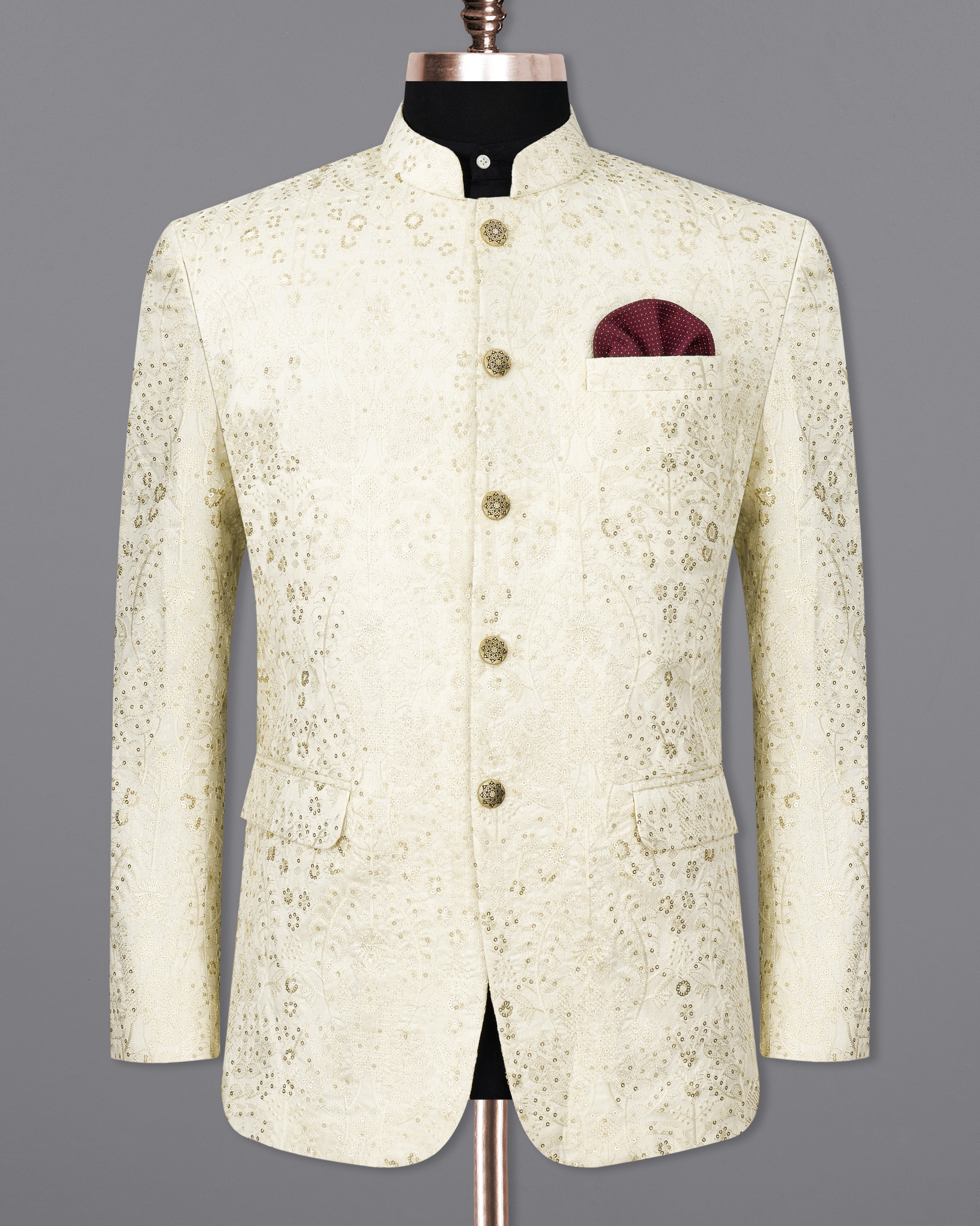 Merino Cream Cotton Thread Embroidered Bandhgala Blazer