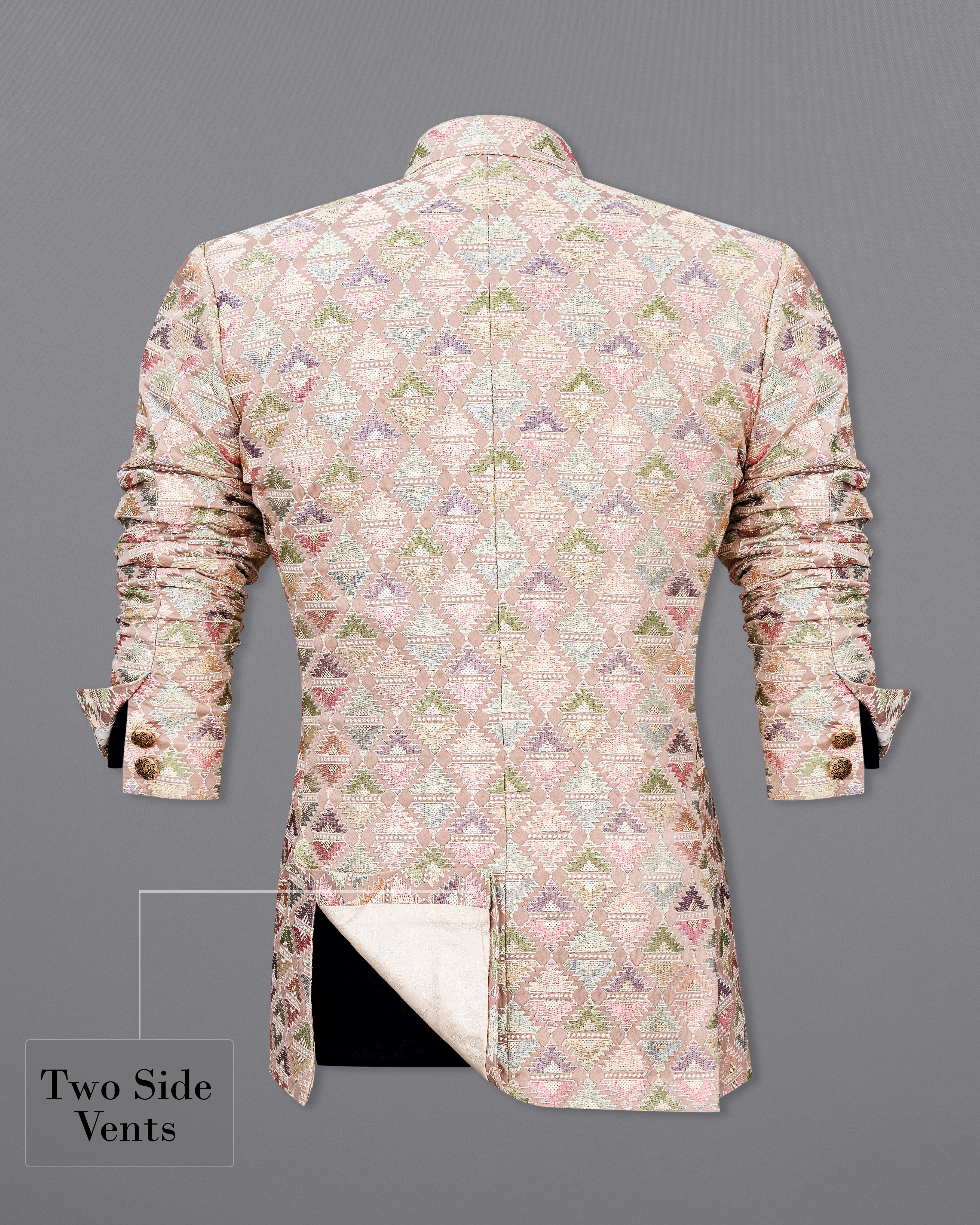 Vanilla Pink and Pixie Green Cotton Thread Embroidered Bandhgala Blazer