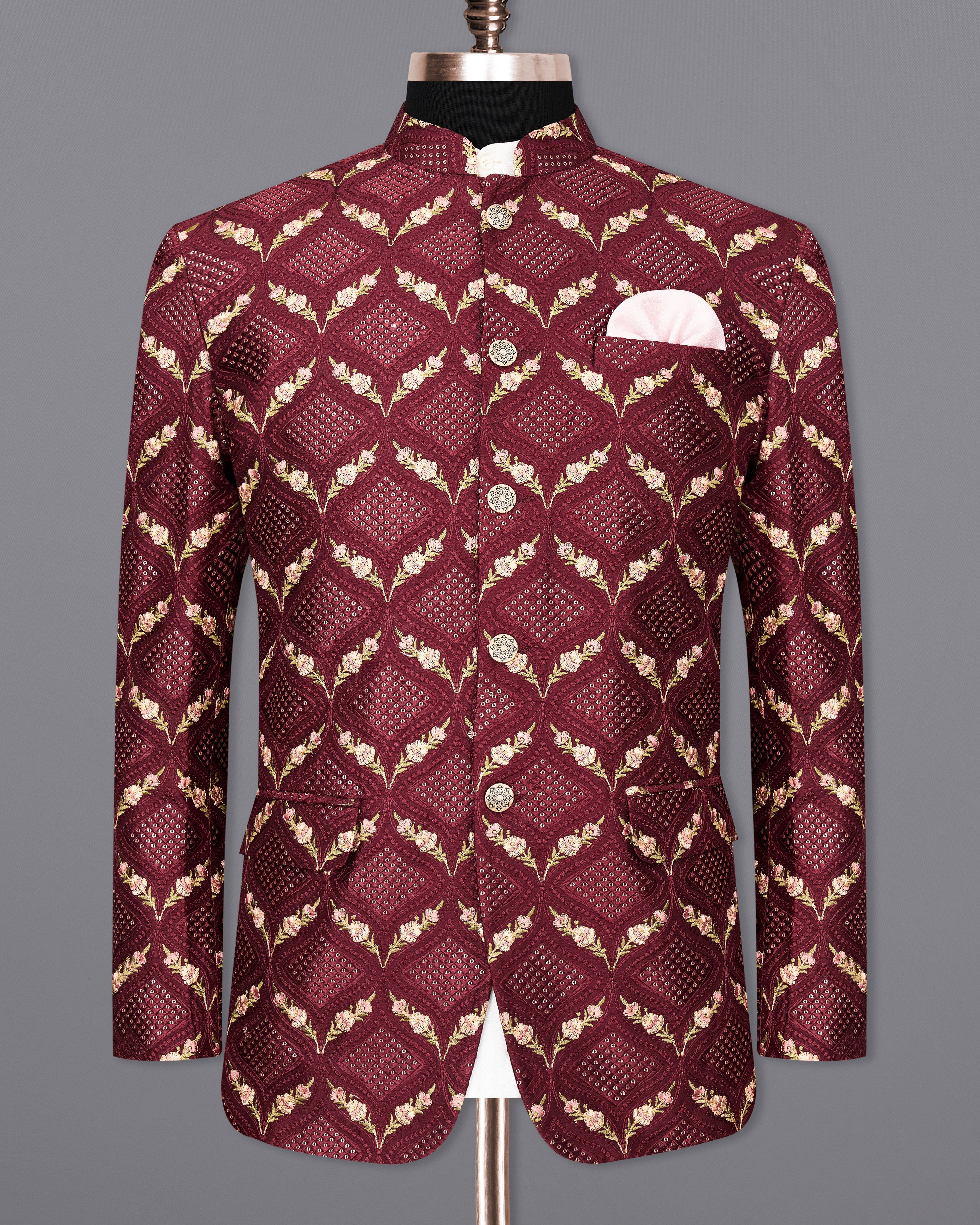 Wine with Lichen Green and Flamingo Pink Embroidered with Sequins Work Bandhgala Blazer