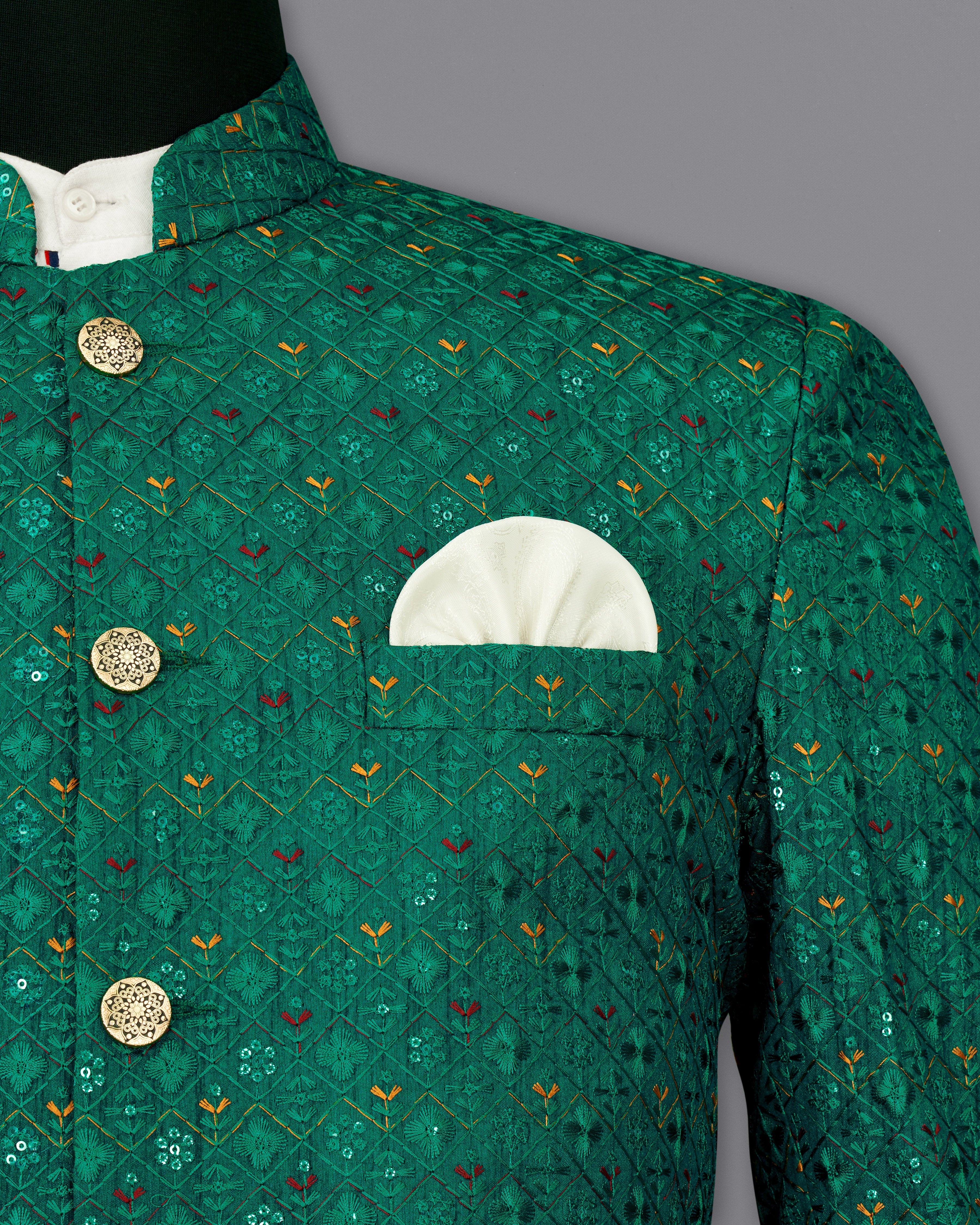 Jewel Green Cotton Thread Embroidered Bandhgala Blazer BL2412-BG-36, BL2412-BG-38, BL2412-BG-40, BL2412-BG-42, BL2412-BG-44, BL2412-BG-46, BL2412-BG-48, BL2412-BG-50, BL2412-BG-52, BL2412-BG-54, BL2412-BG-56, BL2412-BG-58, BL2412-BG-60