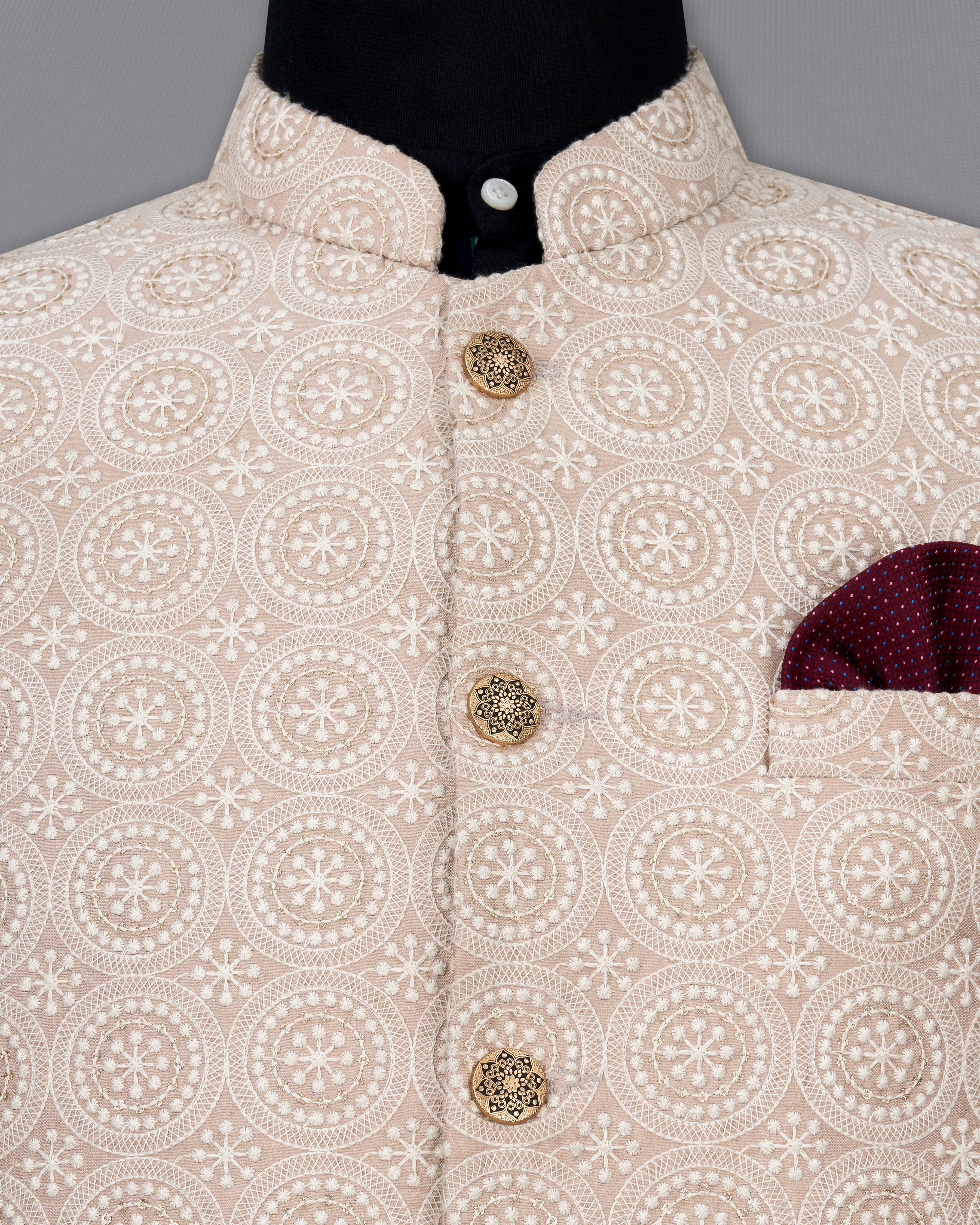 Sisal Brown Cotton Thread Embroidered Bandhgala Blazer BL2419-BG-36,BL2419-BG-38,BL2419-BG-40,BL2419-BG-42,BL2419-BG-44,BL2419-BG-46,BL2419-BG-48,BL2419-BG-50,BL2419-BG-52,BL2419-BG-54,BL2419-BG-56,BL2419-BG-58,BL2419-BG-60