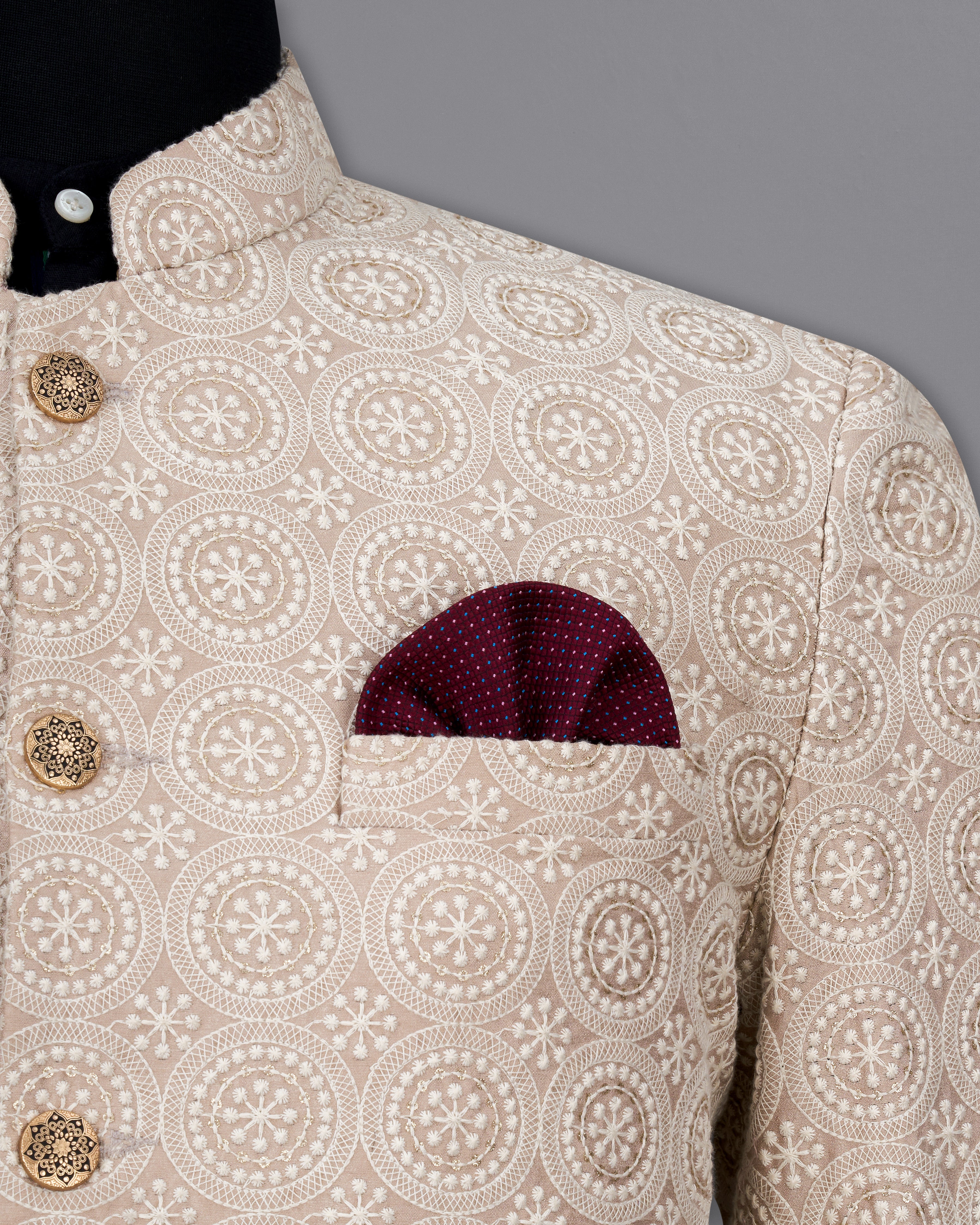 Sisal Brown Cotton Thread Embroidered Bandhgala Blazer BL2419-BG-36,BL2419-BG-38,BL2419-BG-40,BL2419-BG-42,BL2419-BG-44,BL2419-BG-46,BL2419-BG-48,BL2419-BG-50,BL2419-BG-52,BL2419-BG-54,BL2419-BG-56,BL2419-BG-58,BL2419-BG-60