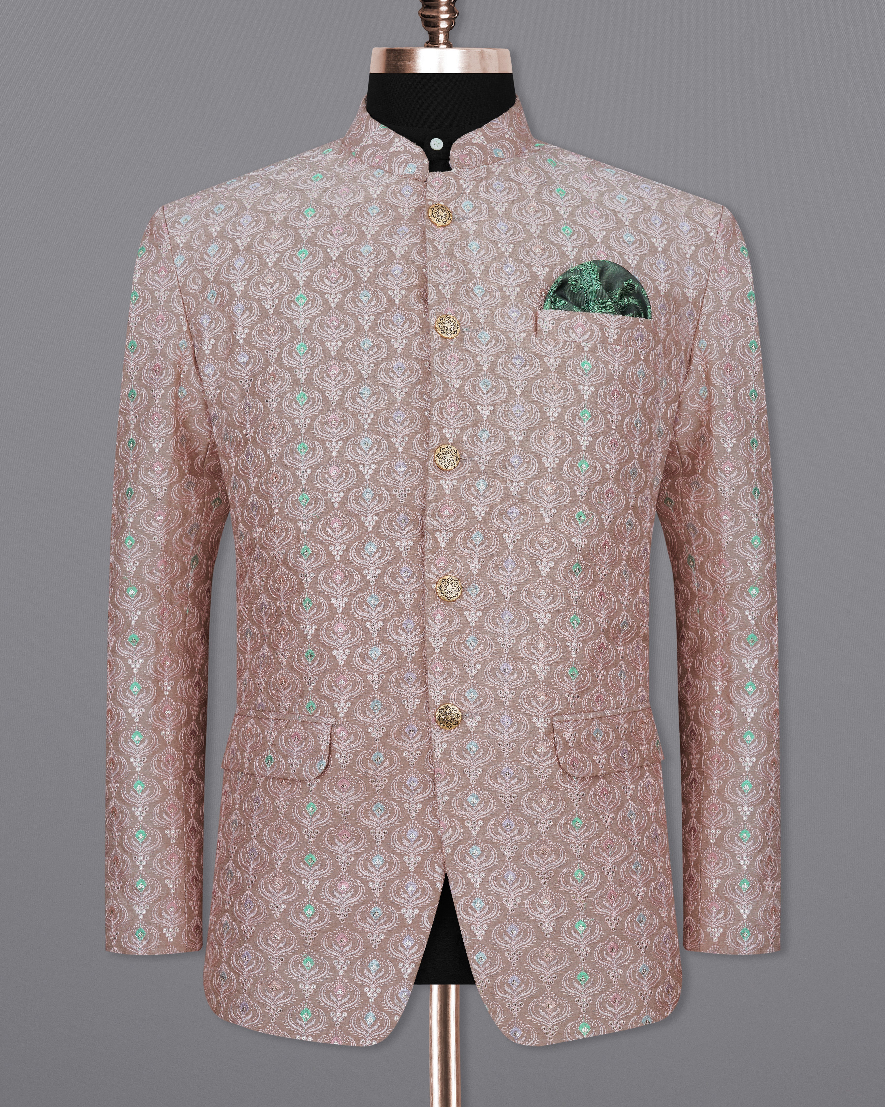 Beaver Brown Thread Embroidered Bandhgala Blazer BL2425-BG-36,BL2425-BG-38,BL2425-BG-40,BL2425-BG-42,BL2425-BG-44,BL2425-BG-46,BL2425-BG-48,BL2425-BG-50,BL2425-BG-52,BL2425-BG-54,BL2425-BG-56,BL2425-BG-58,BL2425-BG-60