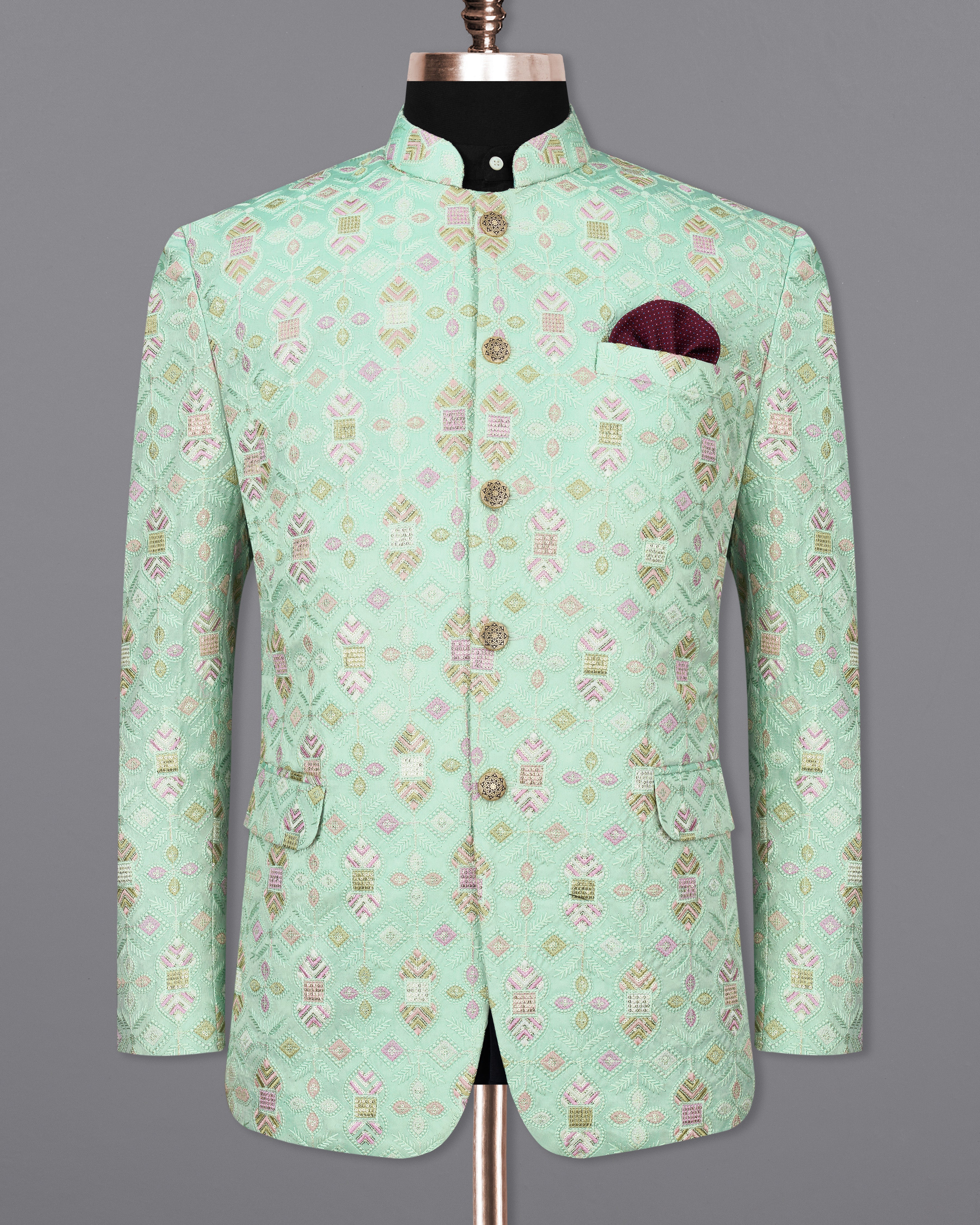 Coriander Green Thread Embroidered Bandhgala Blazer BL2426-BG-36,BL2426-BG-38,BL2426-BG-40,BL2426-BG-42,BL2426-BG-44,BL2426-BG-46,BL2426-BG-48,BL2426-BG-50,BL2426-BG-52,BL2426-BG-54,BL2426-BG-56,BL2426-BG-58,BL2426-BG-60