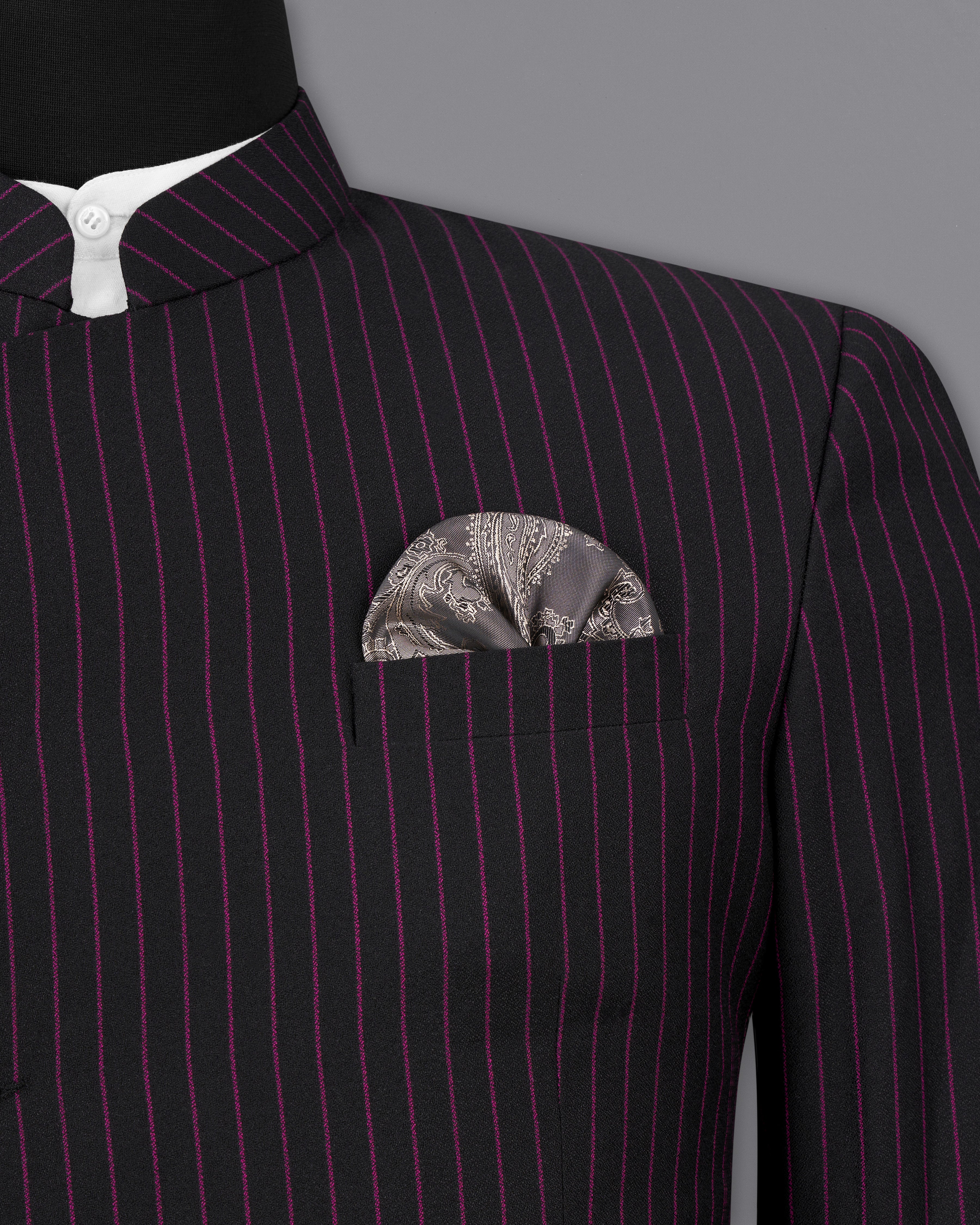 Zeus Black with Dark Mauve Pink Striped Cross-Buttoned Bandhgala Blazer BL2479-CBG-36, BL2479-CBG-38, BL2479-CBG-40, BL2479-CBG-42, BL2479-CBG-44, BL2479-CBG-46, BL2479-CBG-48, BL2479-CBG-50, BL2479-CBG-52, BL2479-CBG-54, BL2479-CBG-56, BL2479-CBG-58, BL2479-CBG-60