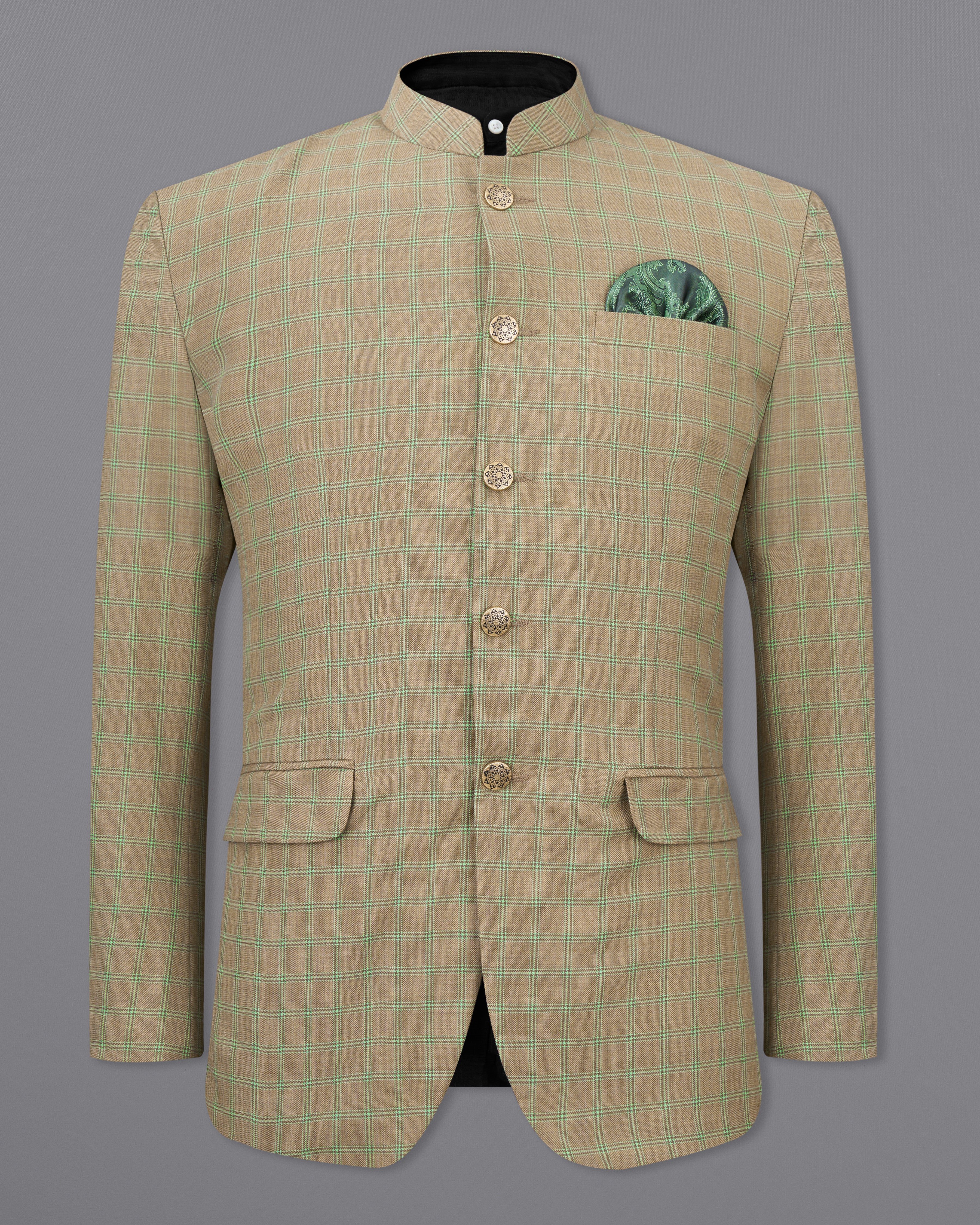 Sandrift Brown with Sprout Green Plaid Bandhgala Blazer BL2483-BG-36, BL2483-BG-38, BL2483-BG-40, BL2483-BG-42, BL2483-BG-44, BL2483-BG-46, BL2483-BG-48, BL2483-BG-50, BL2483-BG-52, BL2483-BG-54, BL2483-BG-56, BL2483-BG-58, BL2483-BG-60