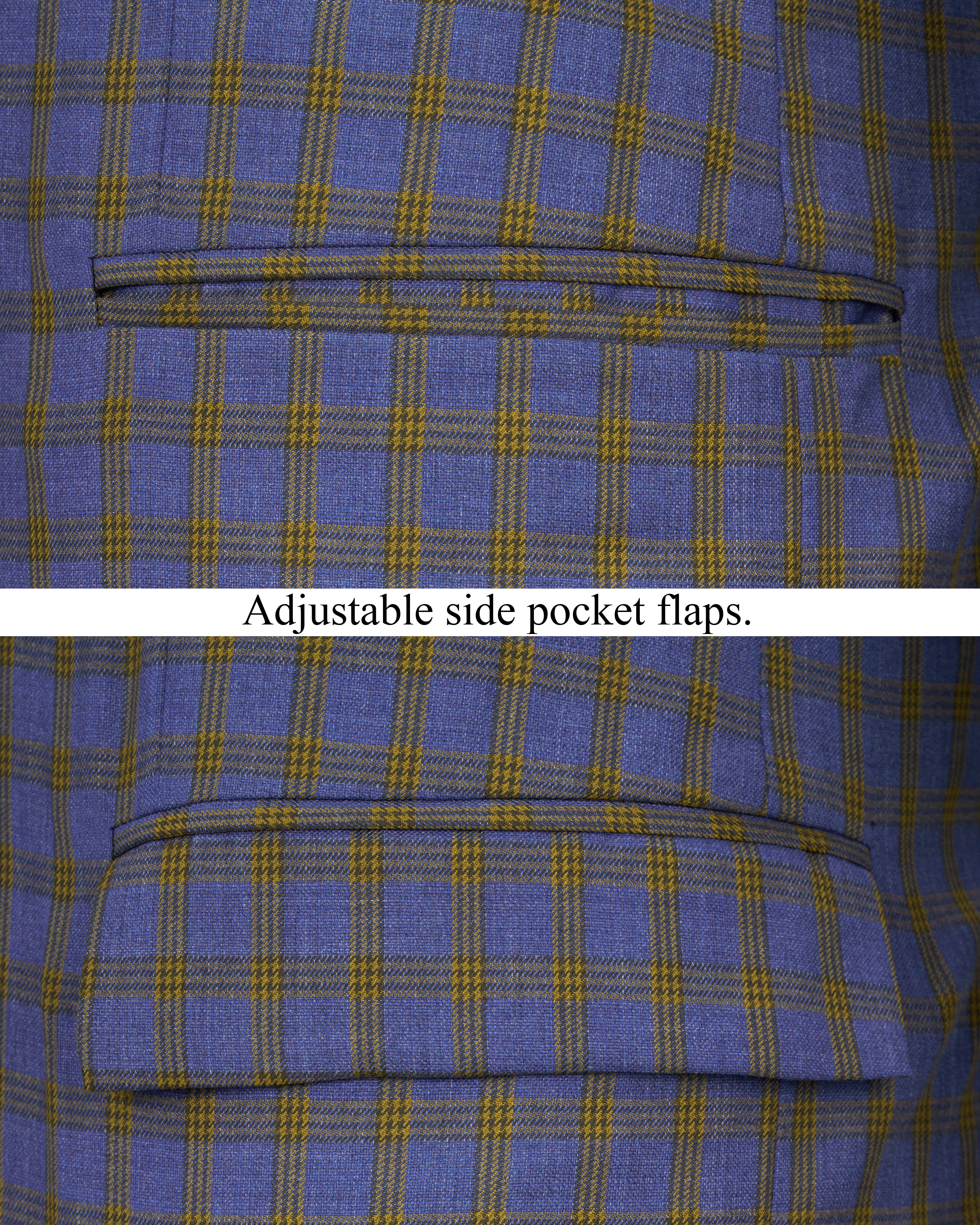 Twilight Blue with Alpine Brown Plaid Cross Buttoned Bandhgala Blazer BL2488-CBG2-36, BL2488-CBG2-38, BL2488-CBG2-40, BL2488-CBG2-42, BL2488-CBG2-44, BL2488-CBG2-46, BL2488-CBG2-48, BL2488-CBG2-50, BL2488-CBG2-52, BL2488-CBG2-54, BL2488-CBG2-56, BL2488-CBG2-58, BL2488-CBG2-60