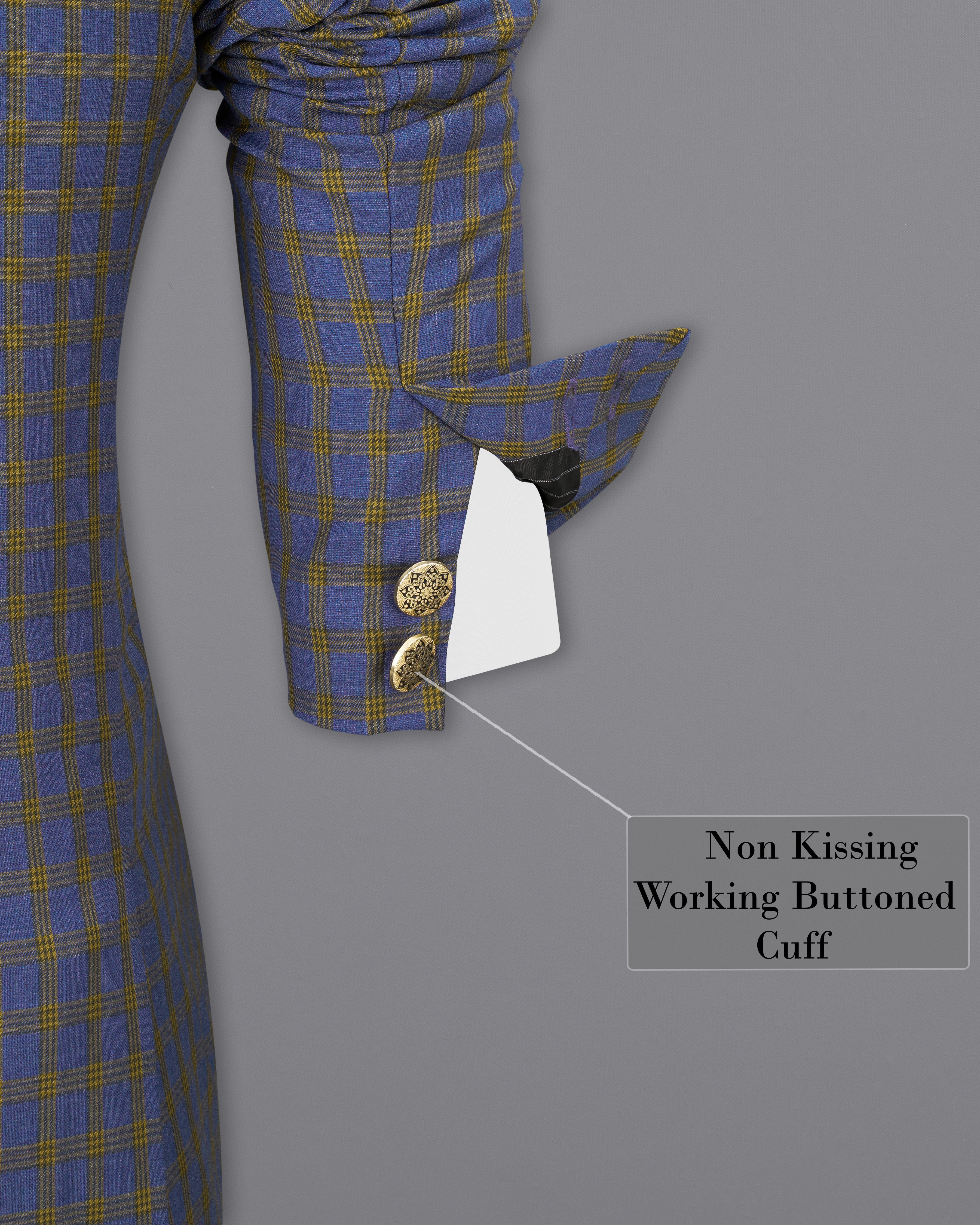 Twilight Blue with Alpine Brown Plaid Cross Buttoned Bandhgala Blazer BL2488-CBG2-36, BL2488-CBG2-38, BL2488-CBG2-40, BL2488-CBG2-42, BL2488-CBG2-44, BL2488-CBG2-46, BL2488-CBG2-48, BL2488-CBG2-50, BL2488-CBG2-52, BL2488-CBG2-54, BL2488-CBG2-56, BL2488-CBG2-58, BL2488-CBG2-60