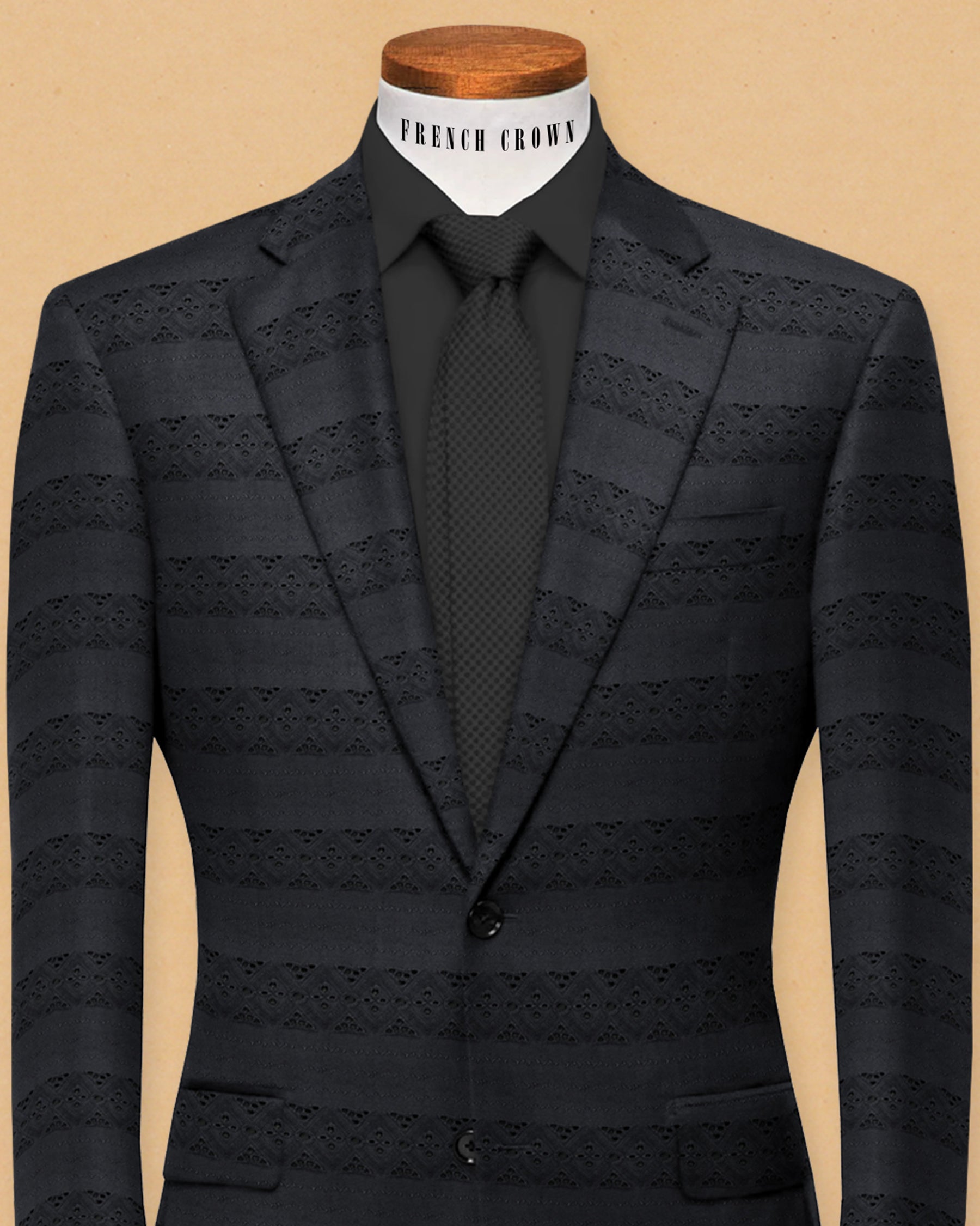 Jade Black Broad Horizontal Striped Schiffli-Embroidered Patterned Giza Cotton Designer Blazer