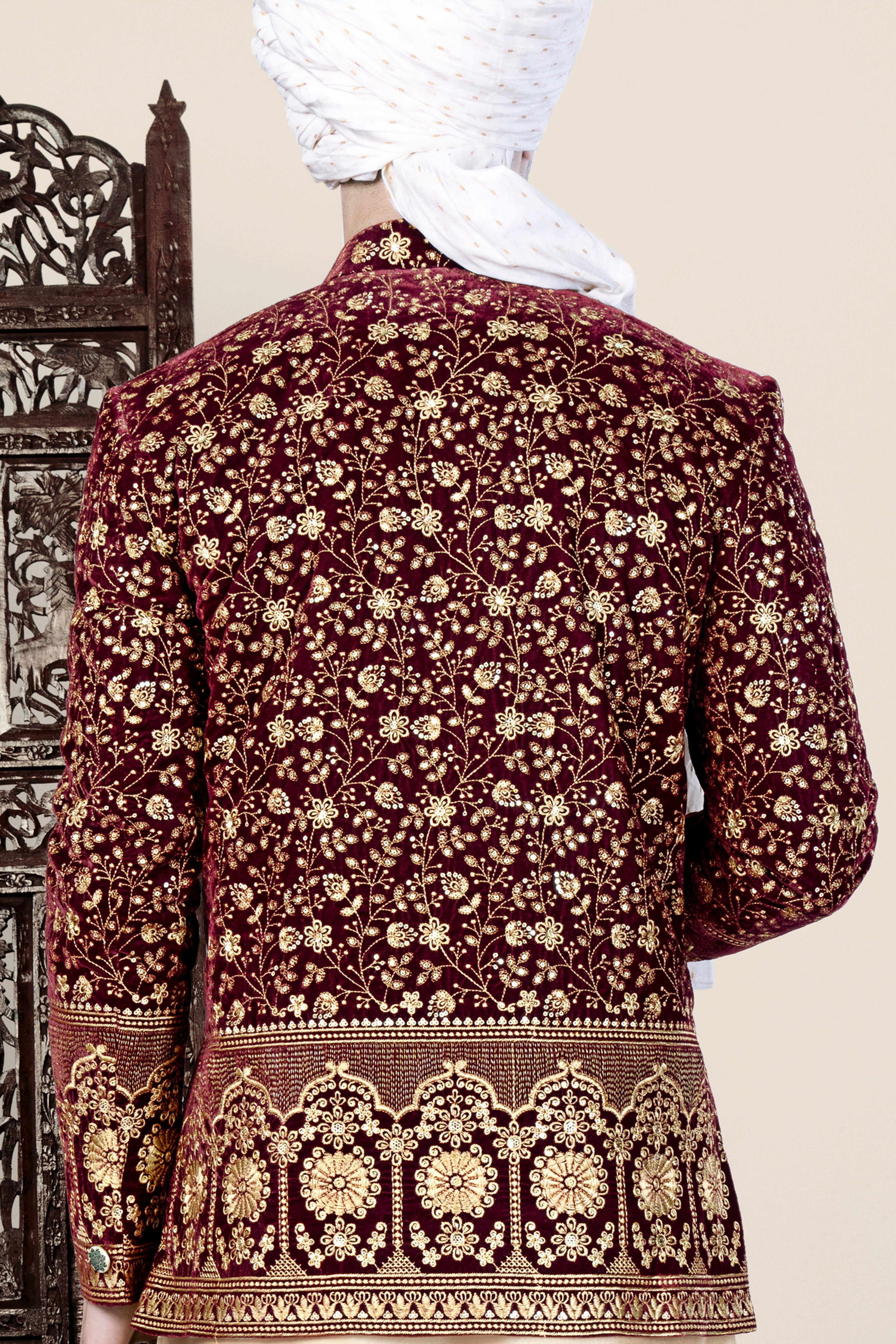 Temptress Maroon Floral Golden Thread Embroidered Bandhgala Jodhpuri BL3498-BG-36, BL3498-BG-38, BL3498-BG-40, BL3498-BG-42, BL3498-BG-44, BL3498-BG-46, BL3498-BG-49, BL3498-BG-50, BL3498-BG-52, BL3498-BG-54, BL3498-BG-56, BL3498-BG-58, BL3498-BG-60