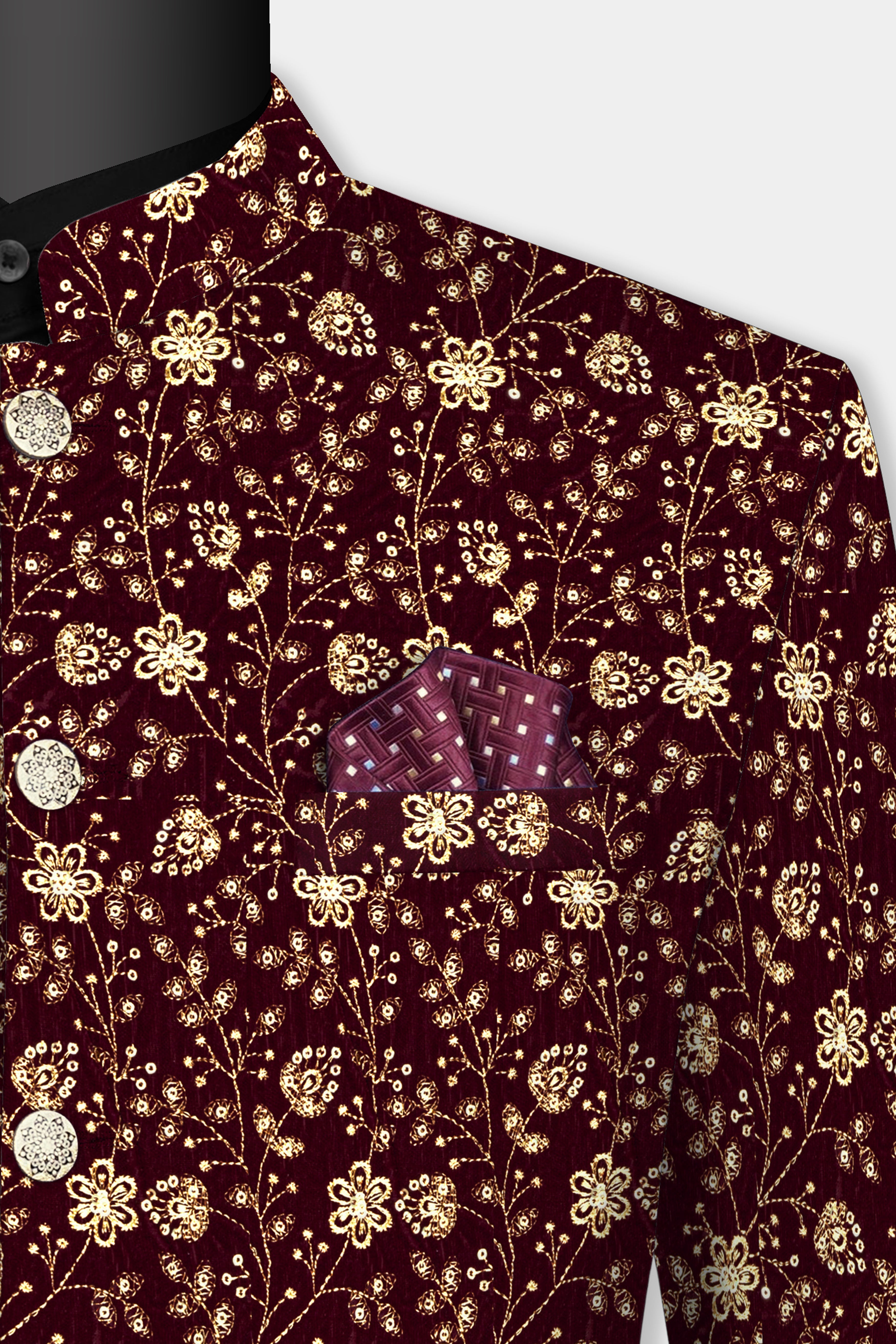 Temptress Maroon Floral Golden Thread Embroidered Bandhgala Jodhpuri BL3498-BG-36, BL3498-BG-38, BL3498-BG-40, BL3498-BG-42, BL3498-BG-44, BL3498-BG-46, BL3498-BG-49, BL3498-BG-50, BL3498-BG-52, BL3498-BG-54, BL3498-BG-56, BL3498-BG-58, BL3498-BG-60