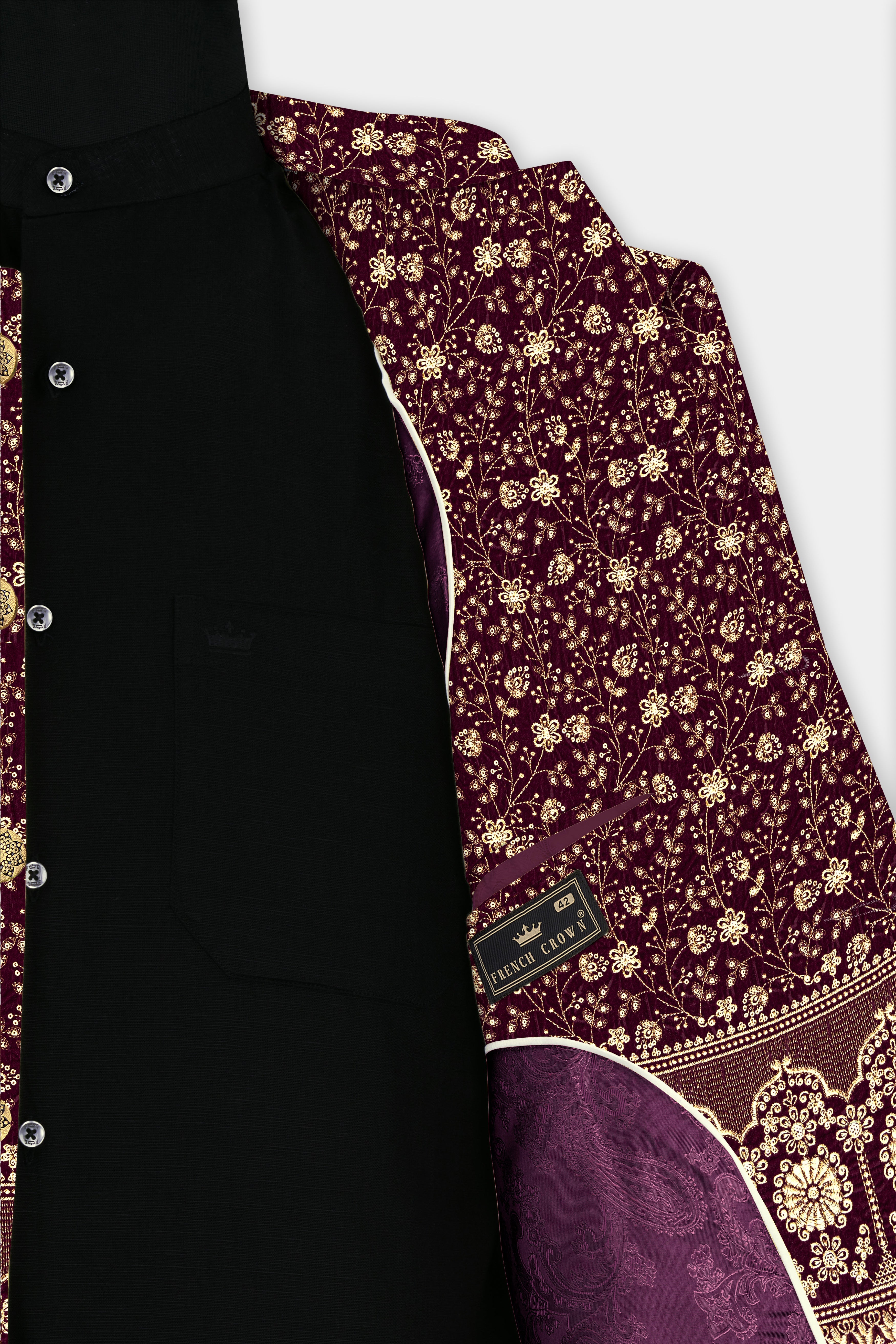 Temptress Maroon Floral Golden Thread Embroidered Bandhgala Jodhpuri BL3498-BG-36, BL3498-BG-38, BL3498-BG-40, BL3498-BG-42, BL3498-BG-44, BL3498-BG-46, BL3498-BG-49, BL3498-BG-50, BL3498-BG-52, BL3498-BG-54, BL3498-BG-56, BL3498-BG-58, BL3498-BG-60